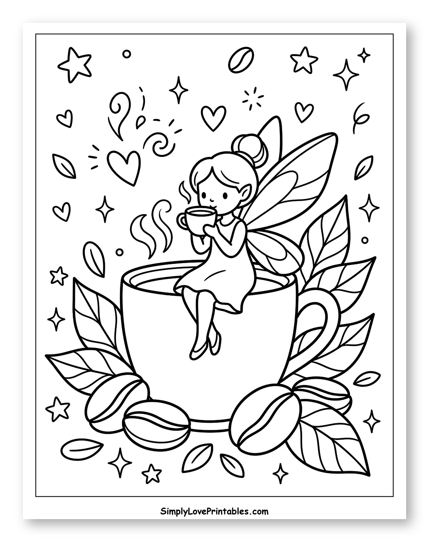 Fairy Enjoying Coffee with Beans and Leaves