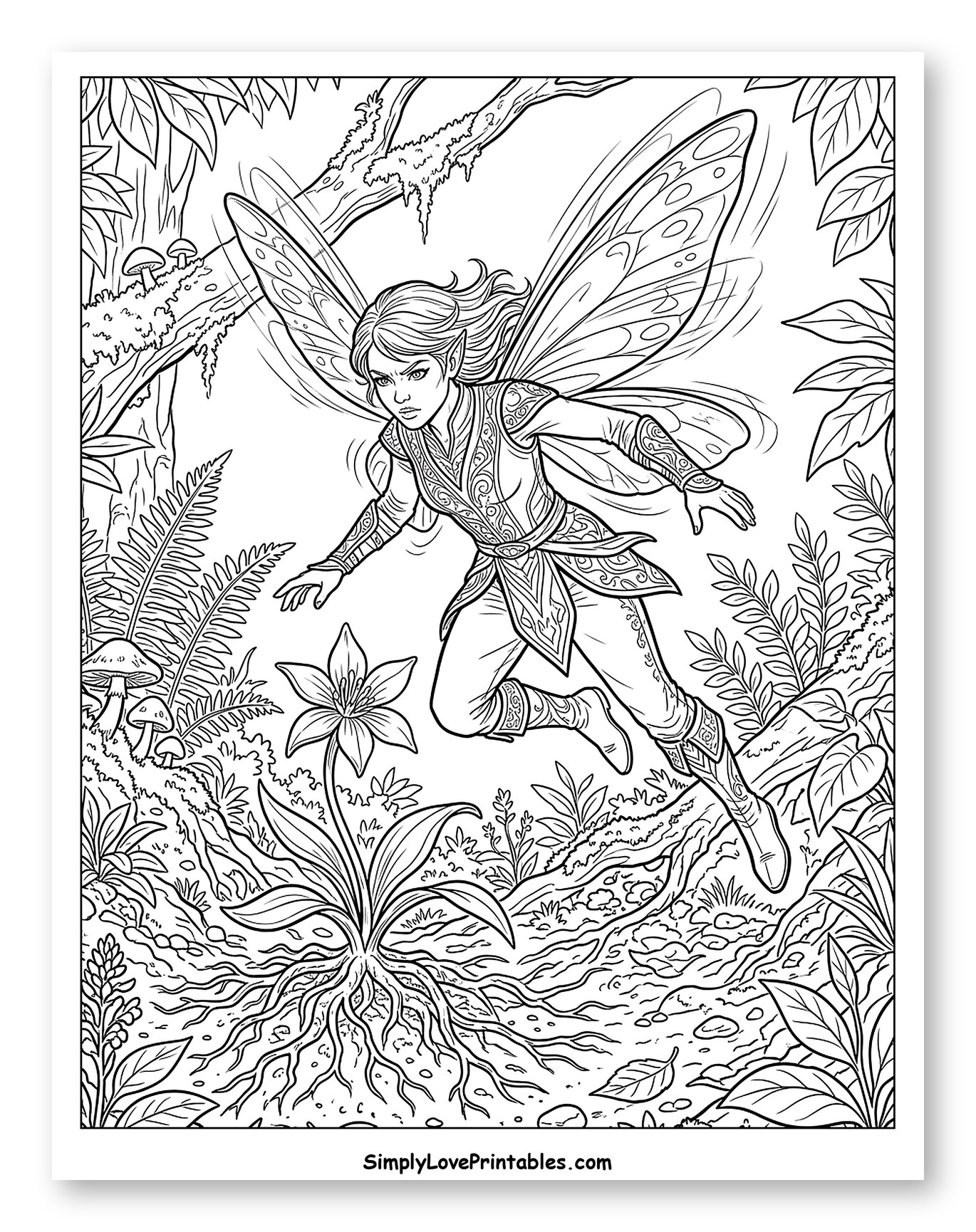 Fairy Flying Through Enchanted Forest Coloring Sheet