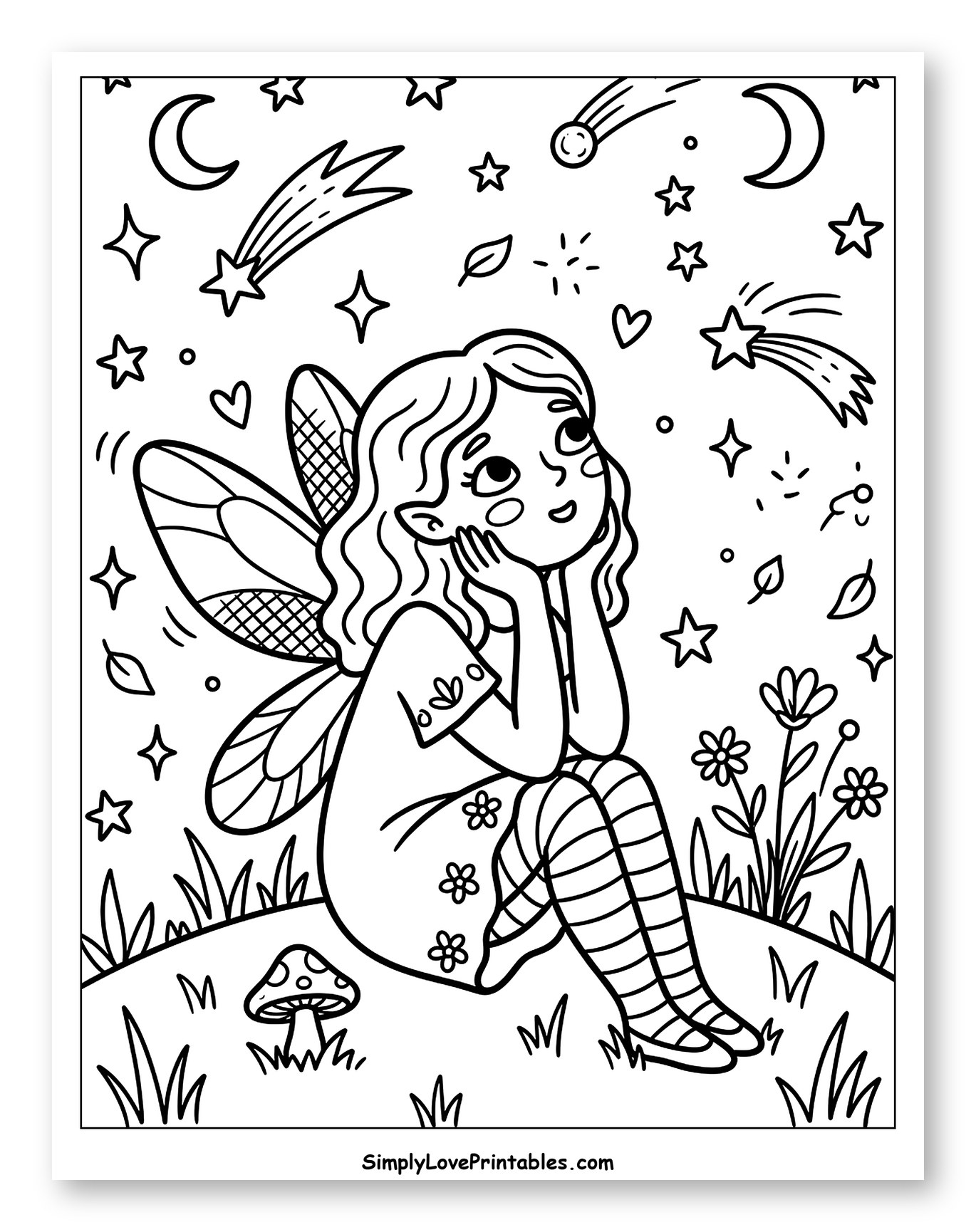 Fairy Girl Sitting and Stargazing Coloring Page for Adults