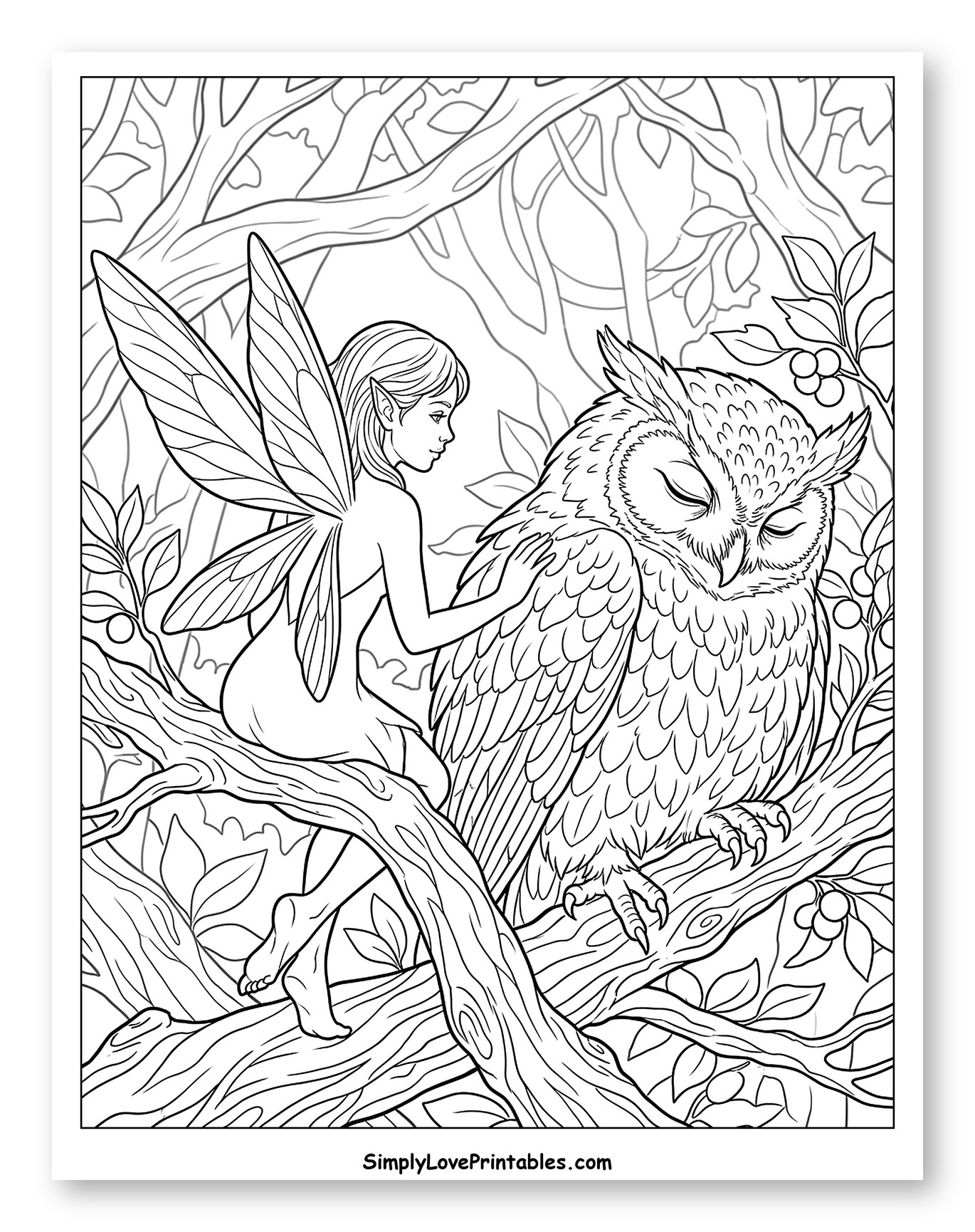 Fairy Petting Sleeping Owl in a Forest to Color