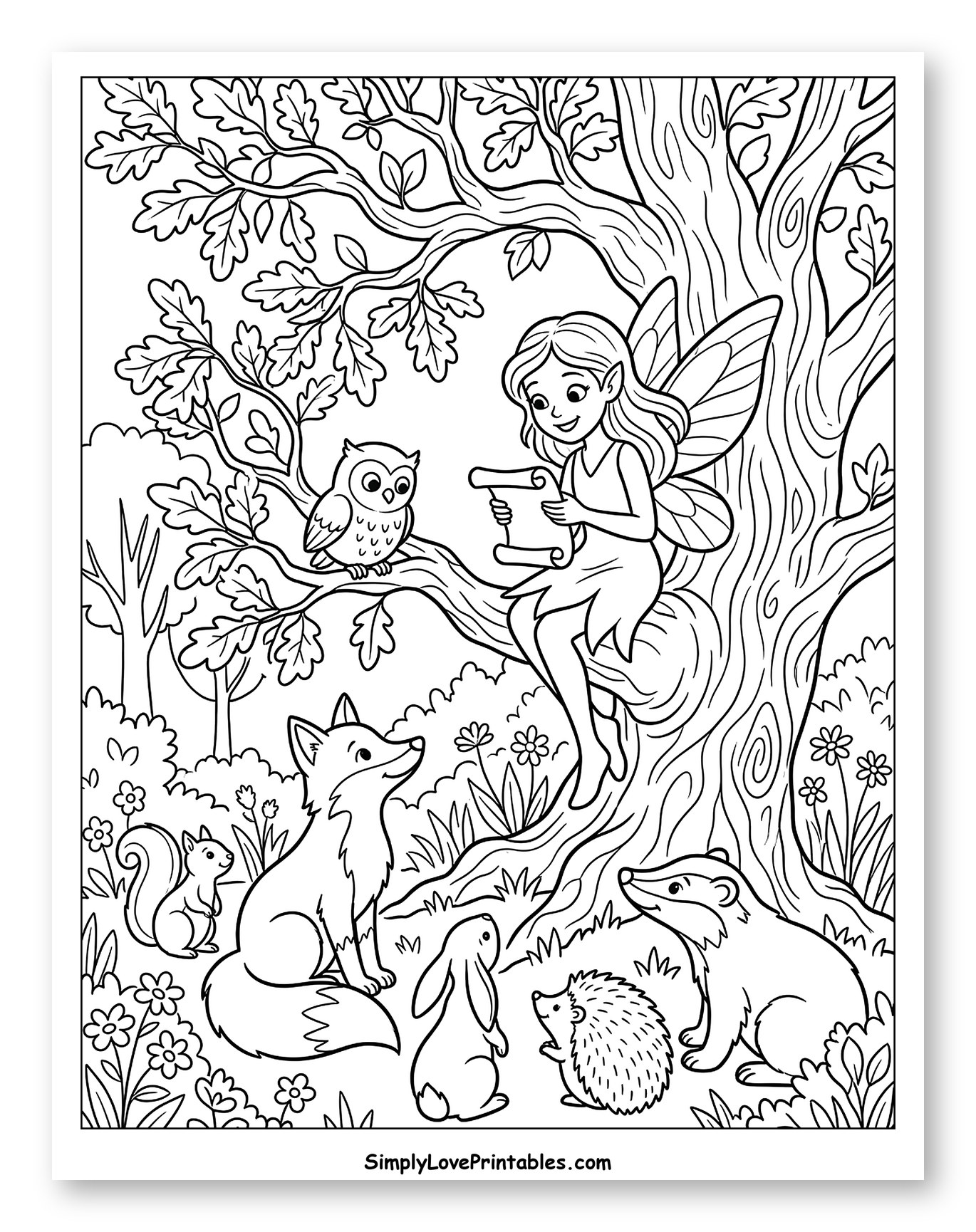 Fairy Reading to Forest Animals Coloring Page for Kids