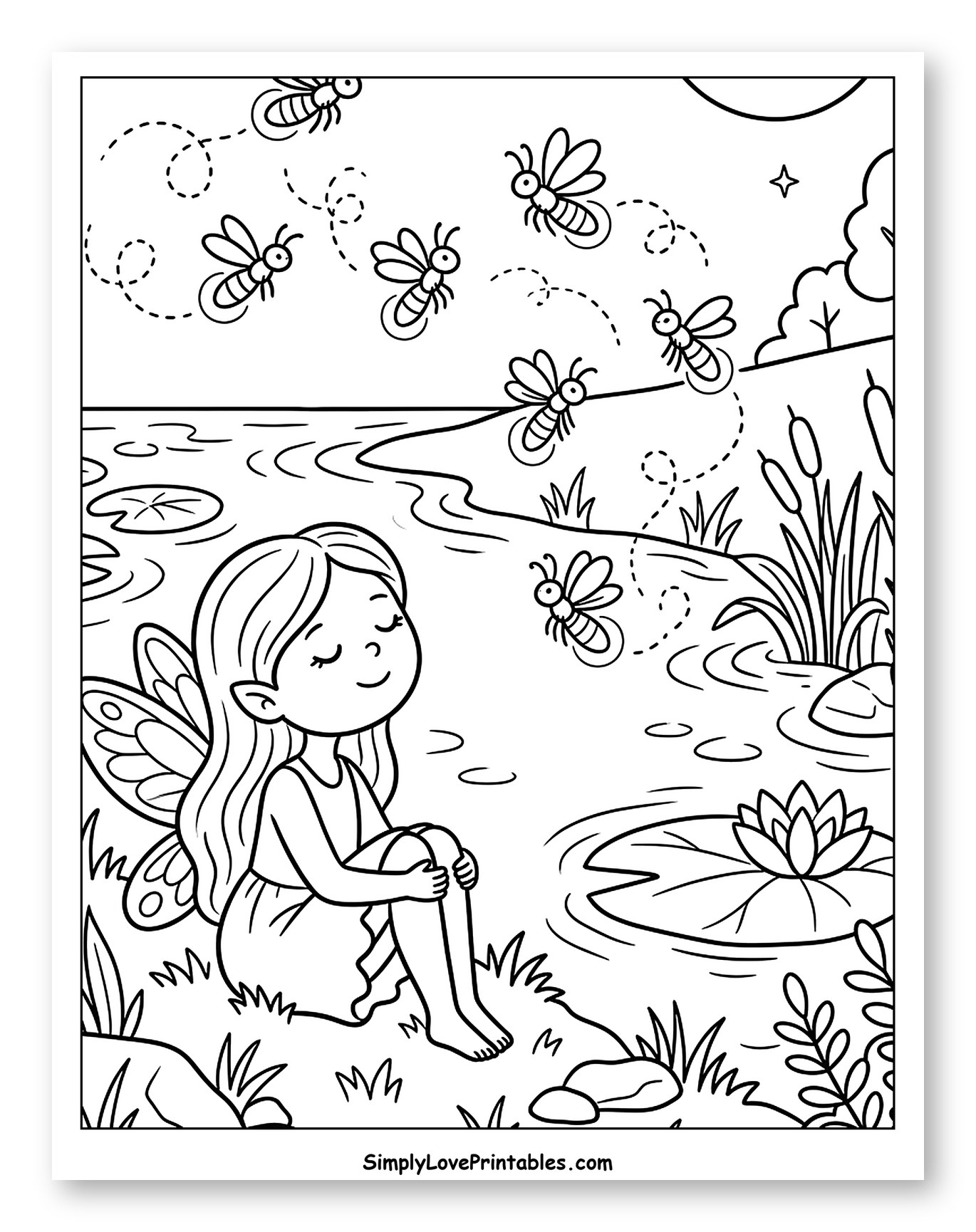 Fairy Watching Fireflies by a Pond at Night Coloring Page for Kids