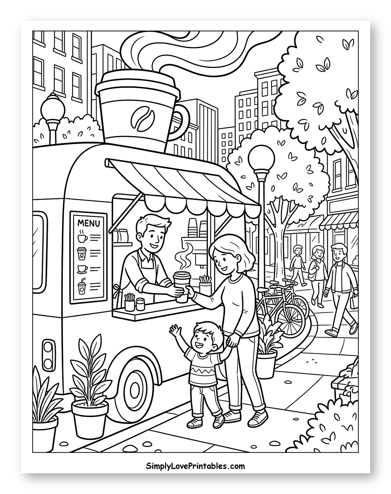 Family Buying Coffee from a City Food Truck to Color for Kids