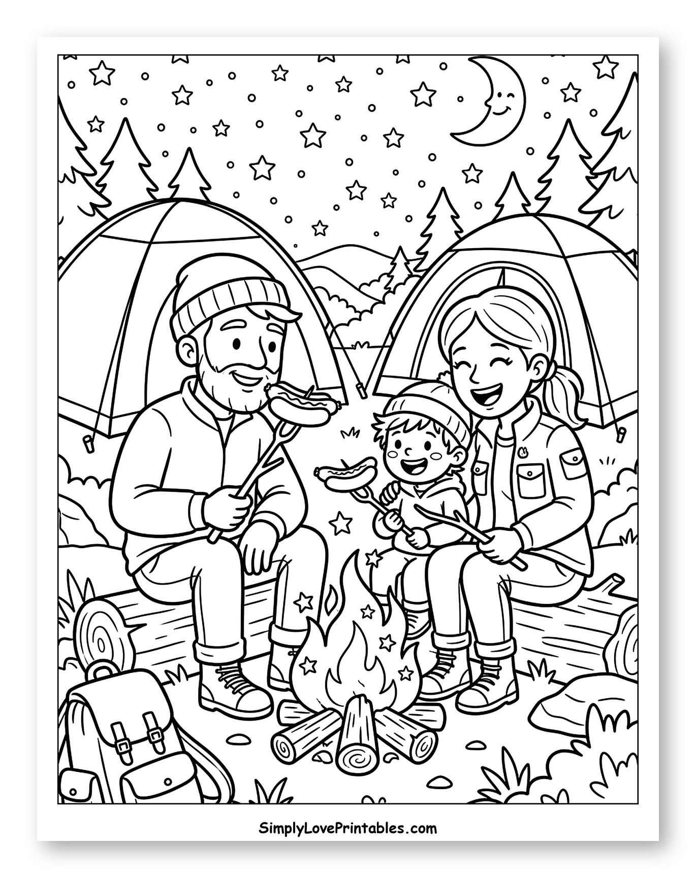 Family Camping Dinner Under Starry Sky Coloring Page for Kids
