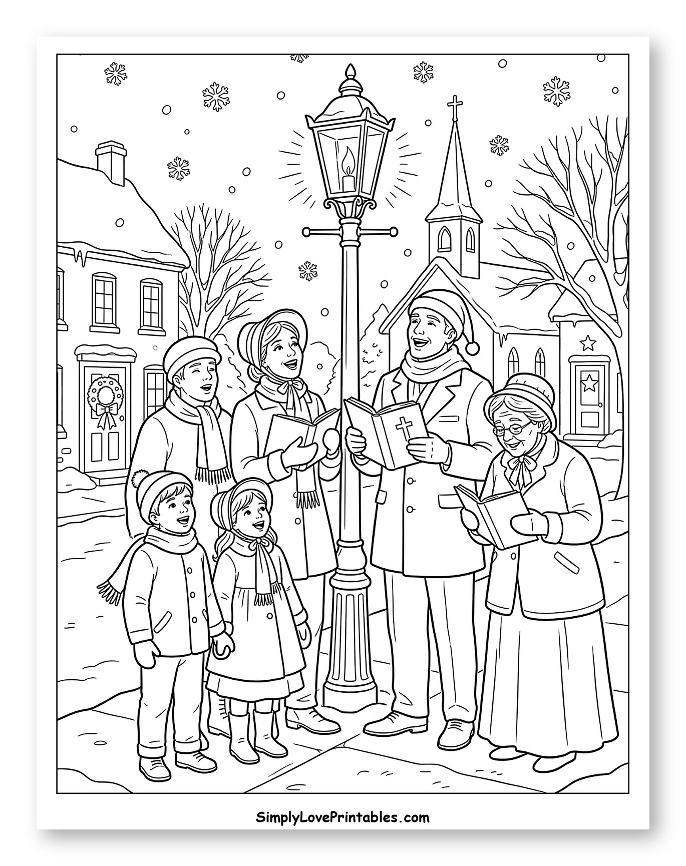 Family Carolling on a Snowy Christmas Evening Coloring Sheet