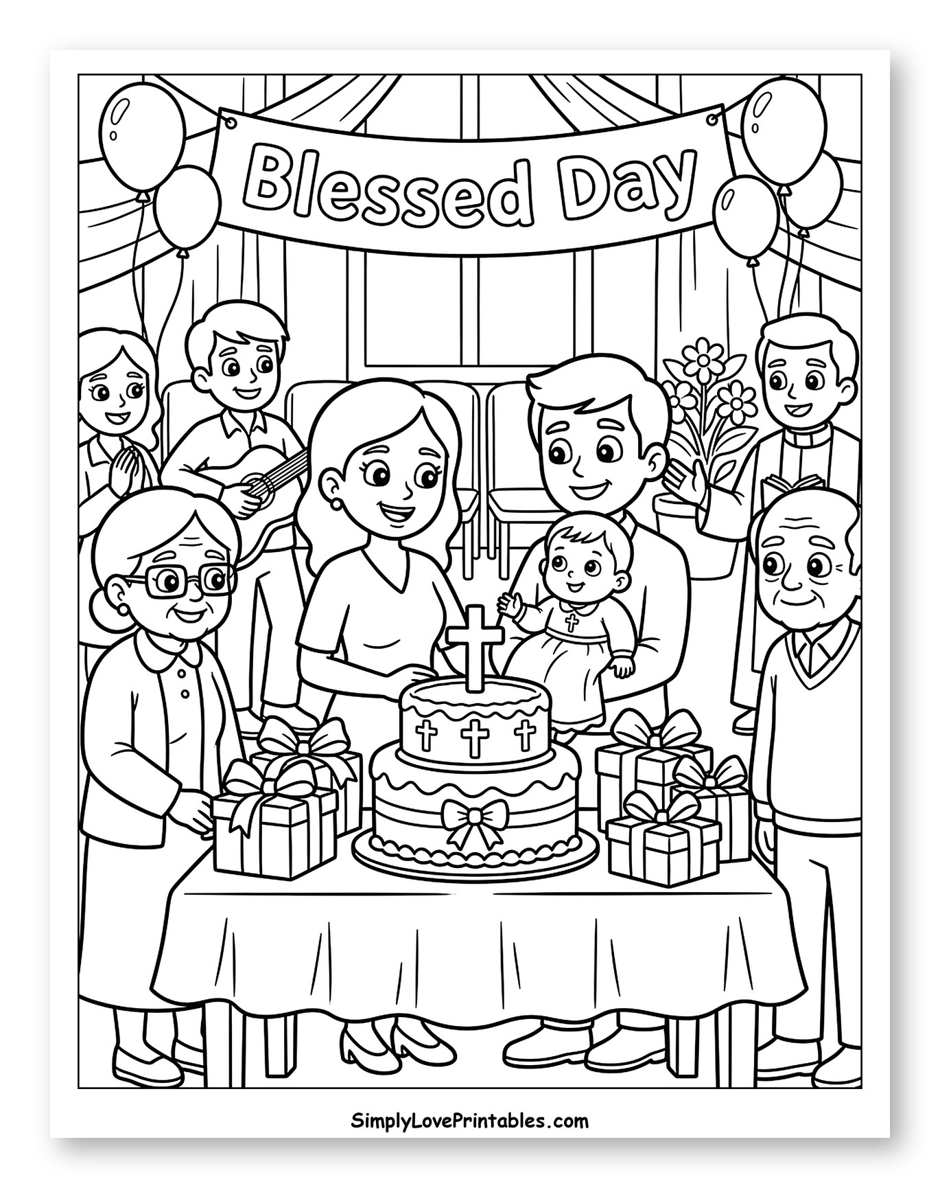 Family Celebrating Baby's Baptism with Cake and Gifts Coloring Page for Kids
