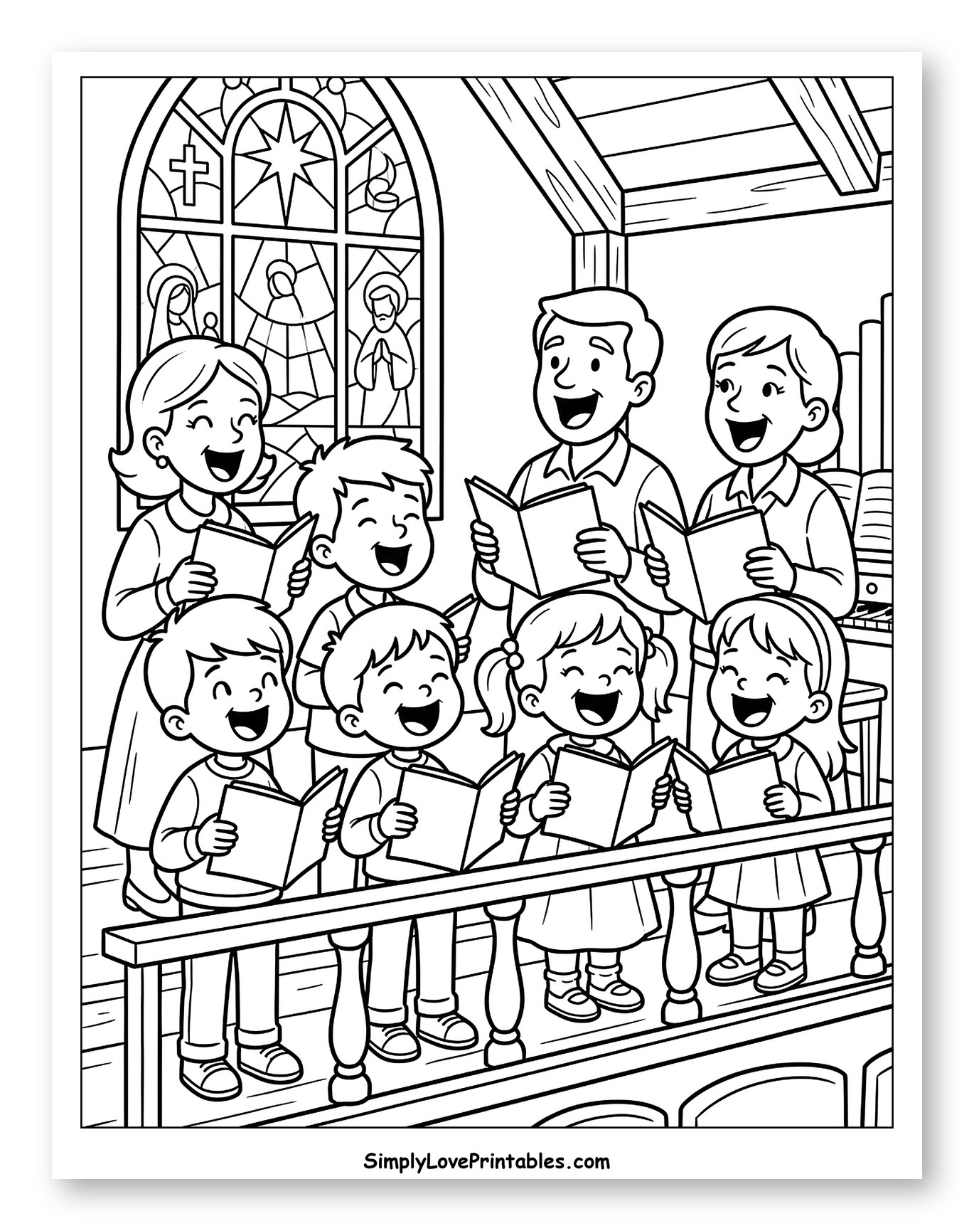 Family Choir Singing Christmas Carols in Church Coloring Sheet for Kids