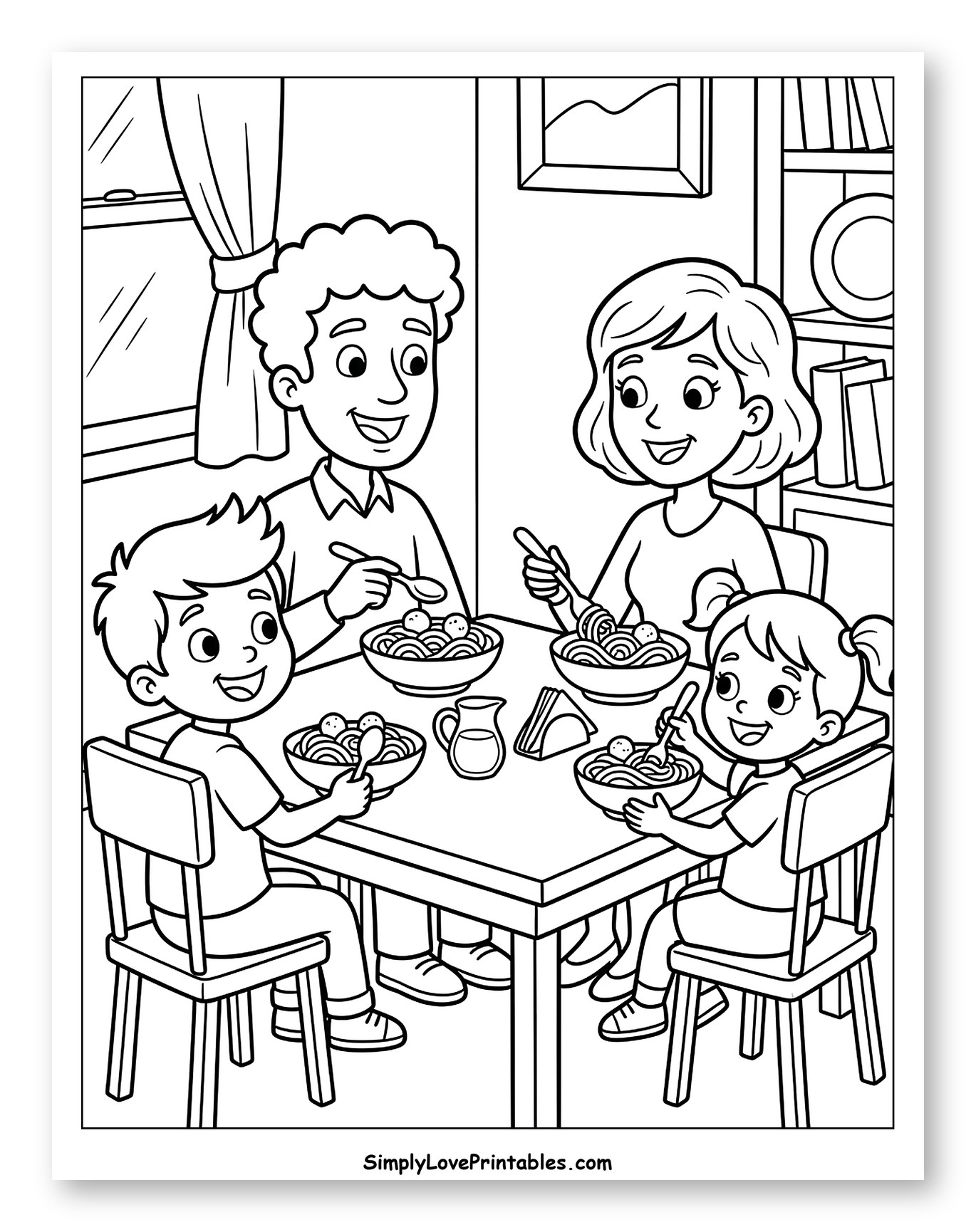 Family Enjoying a Meal of Spaghetti Coloring Sheet for Kids