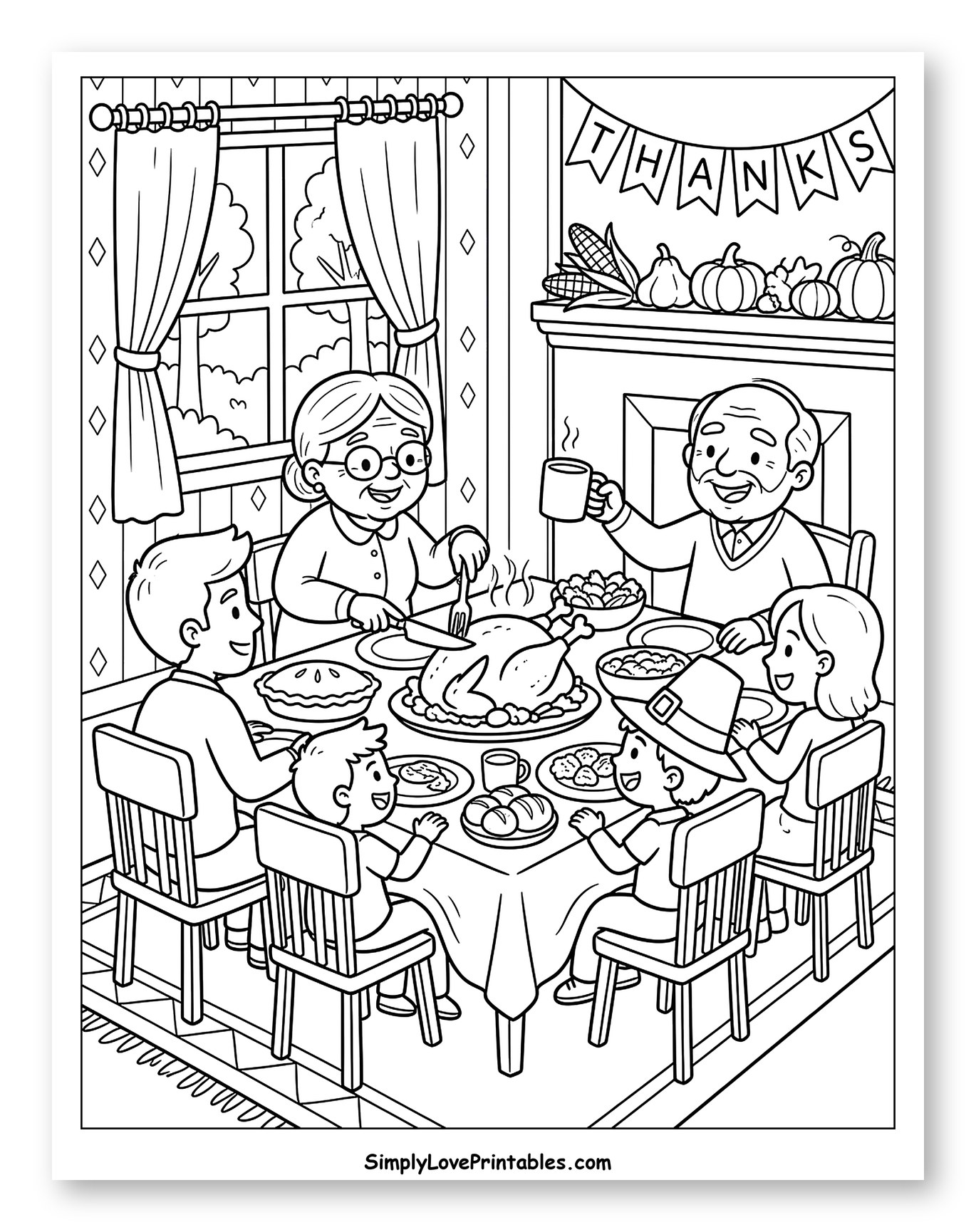 Family Enjoying Thanksgiving Dinner Together Coloring Sheet for Kids