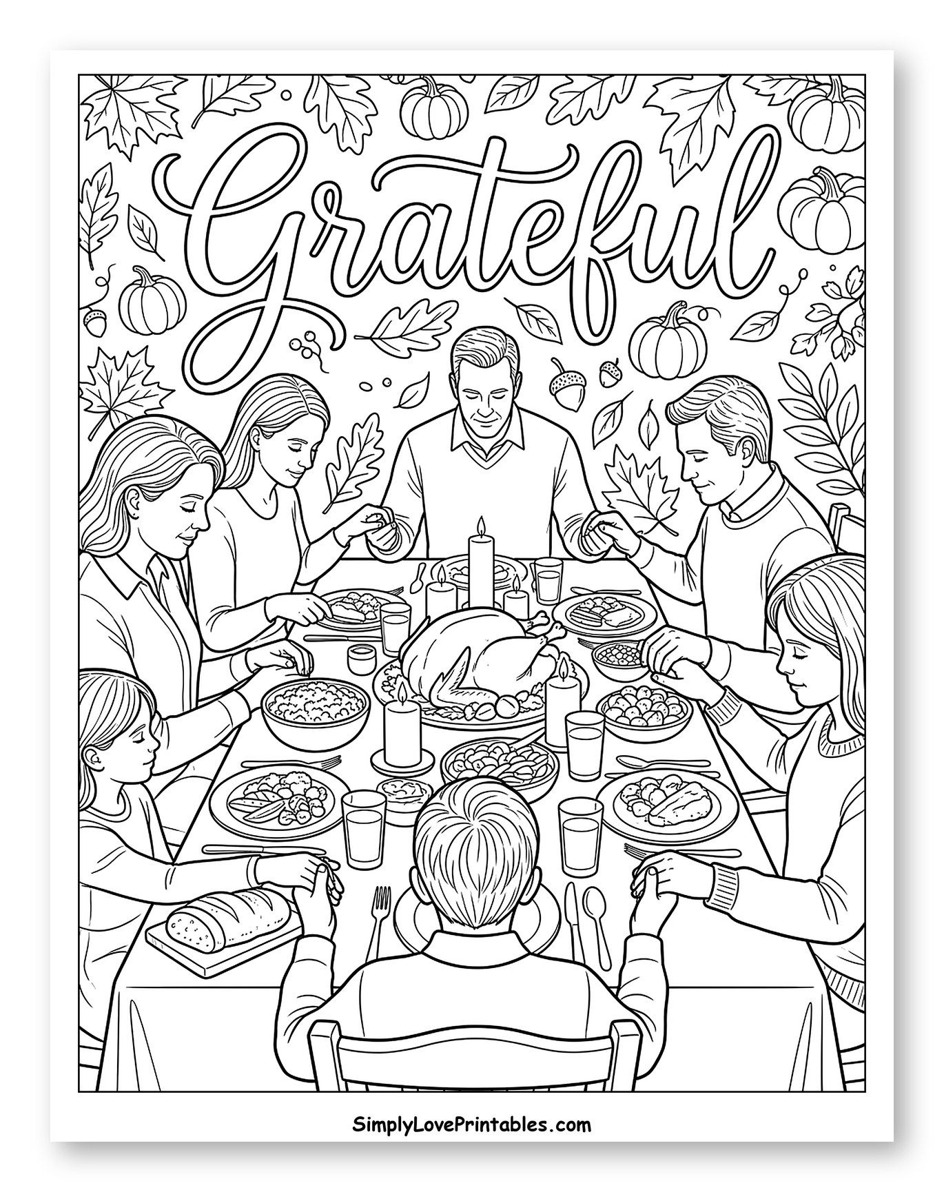 Family Holding Hands around a Thanksgiving Feast Coloring Page