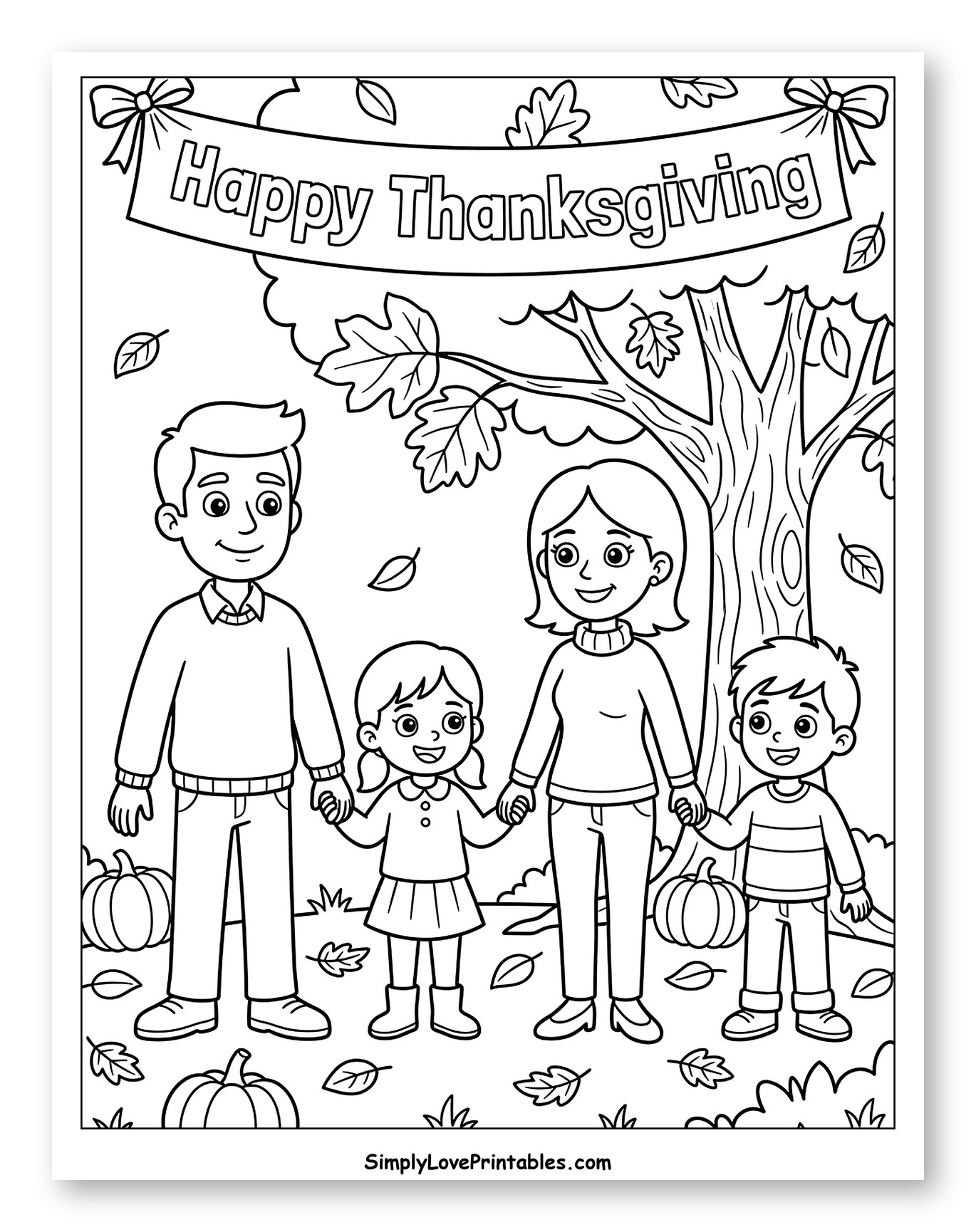Family Holding Hands for Thanksgiving Coloring Page for Kids