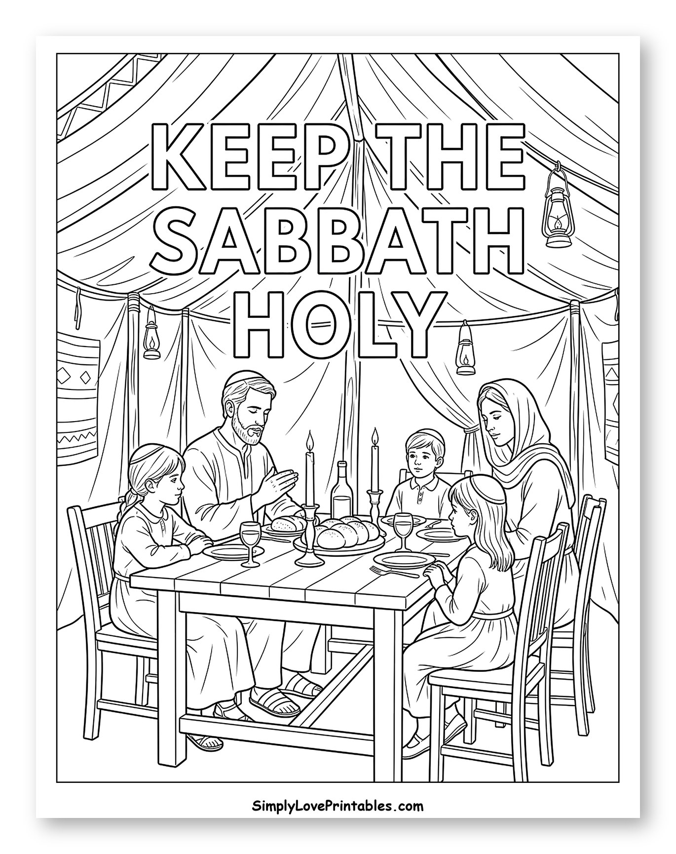 Family Keeping the Sabbath Holy Coloring Page