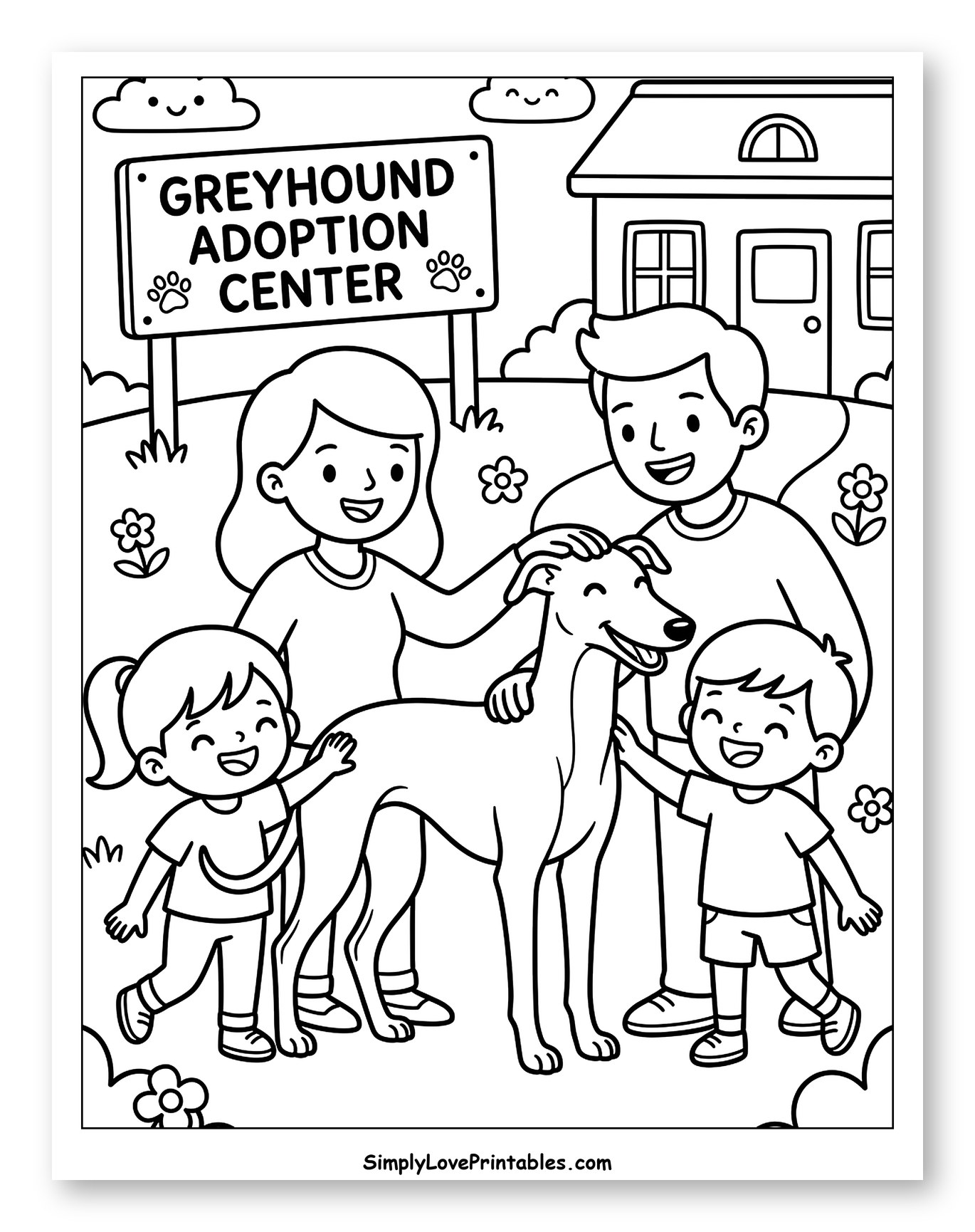 Family Petting a Greyhound at Adoption Center to Color for Kids