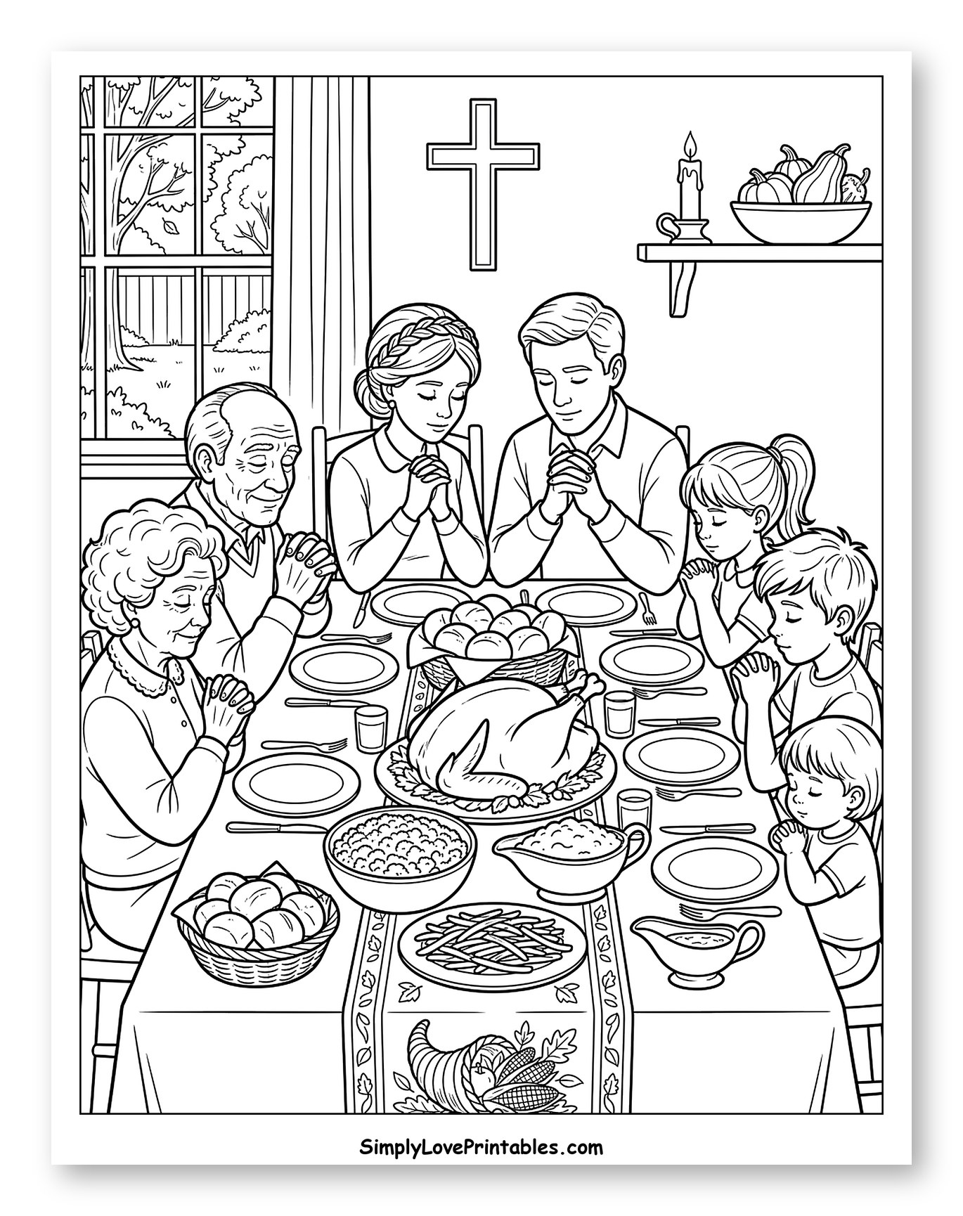 Family Praying at Thanksgiving Dinner Coloring Page