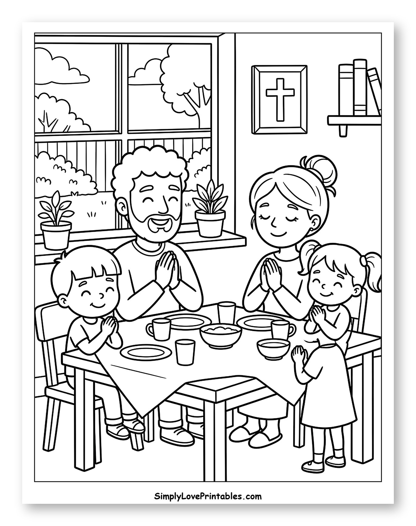 Family Praying Together Before Dinner Coloring Sheet for Kids