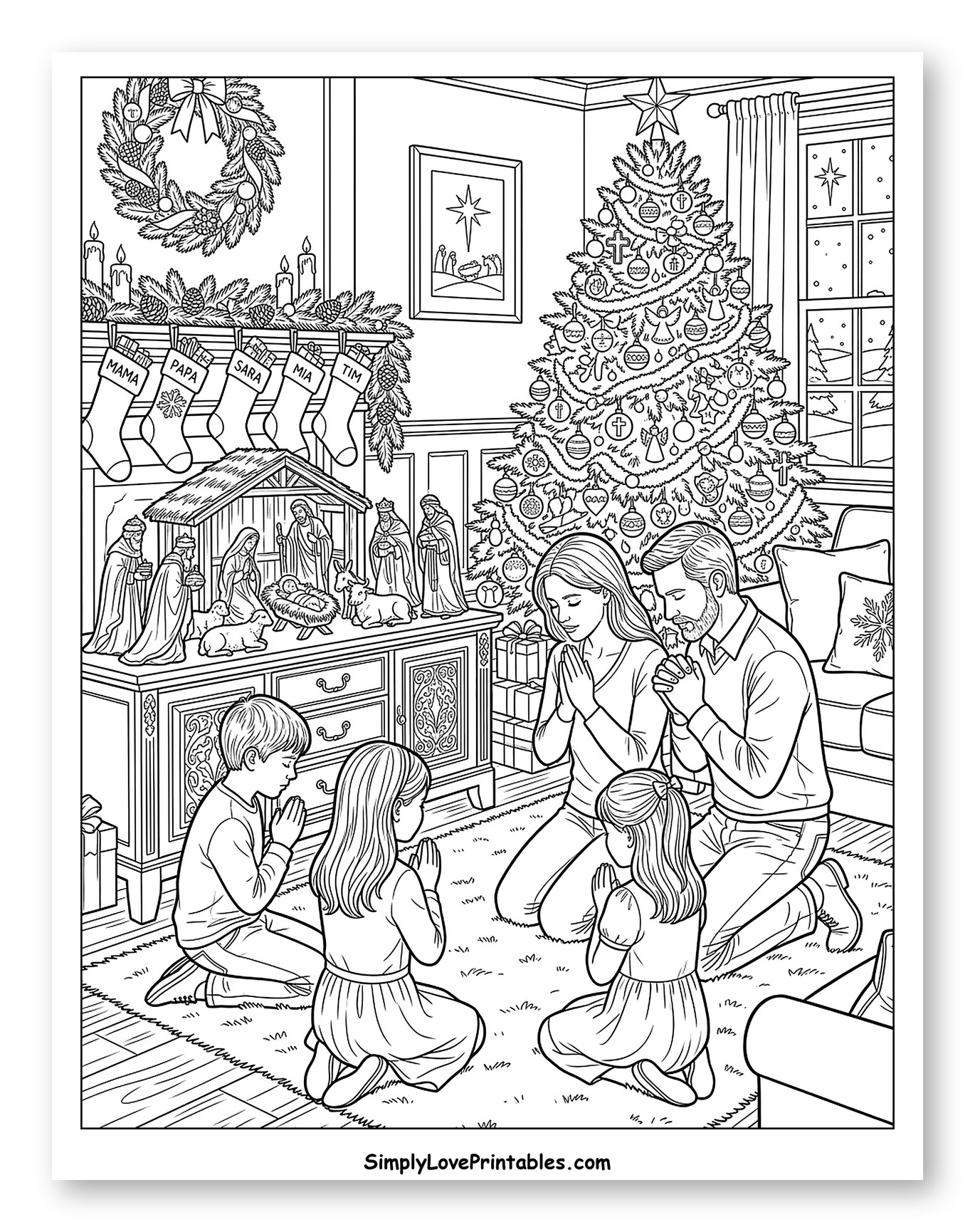 Family Prays by Christmas Tree and Nativity to Color