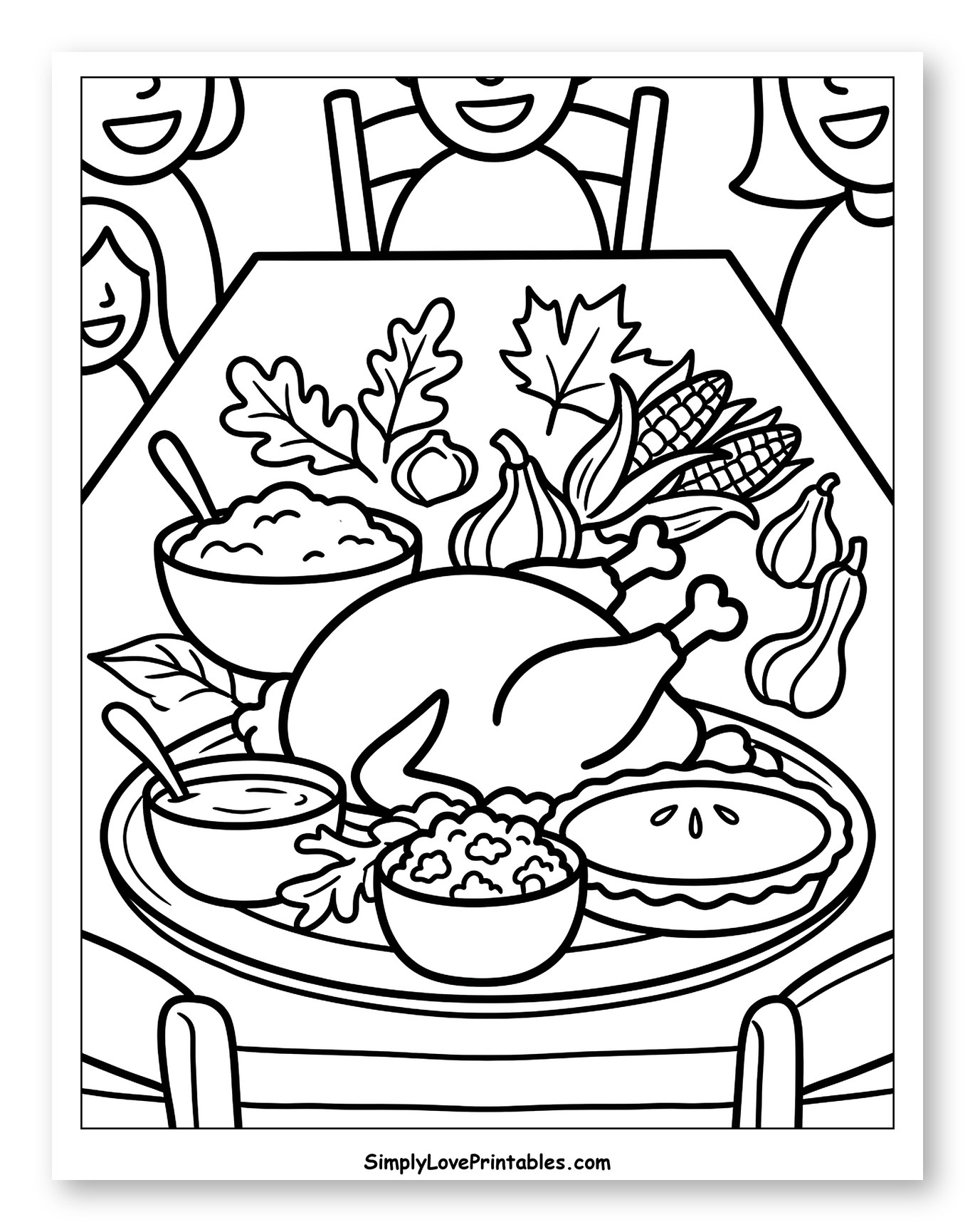 Family Thanksgiving Meal with Turkey and Pie to Color for Toddlers