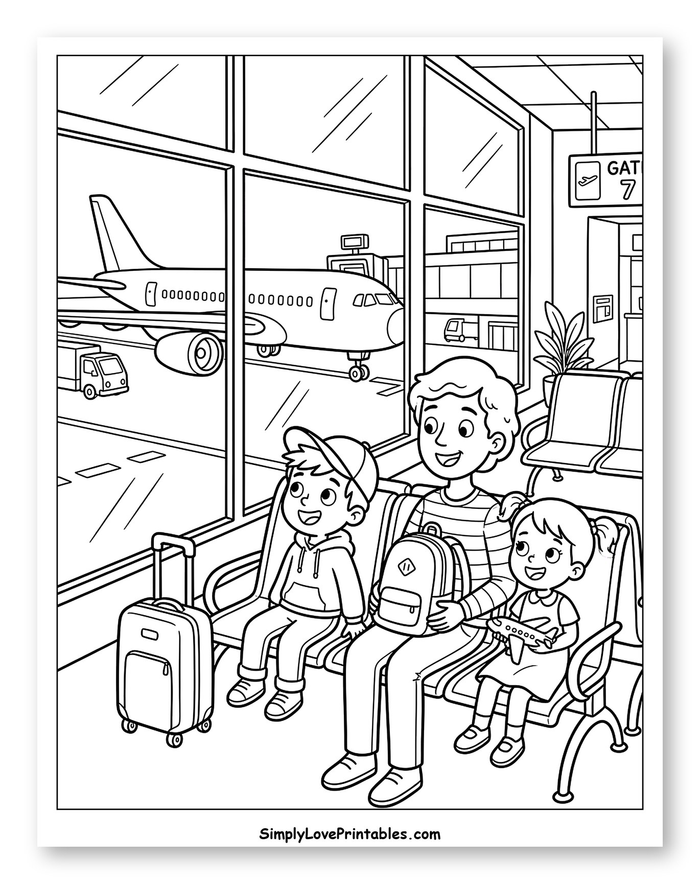 Family Waiting for Flight at Airport to Color for Kids