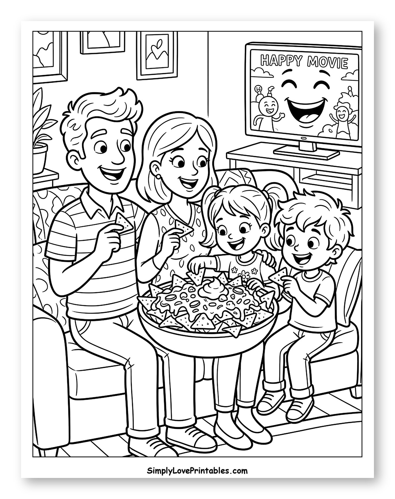 Family Watching Happy Movie and Eating Nachos to Color for Kids