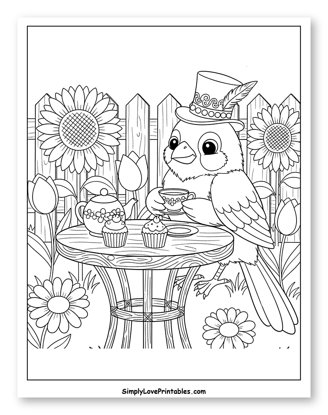 Fancy Bird Having Tea in a Garden Coloring Sheet for Kids