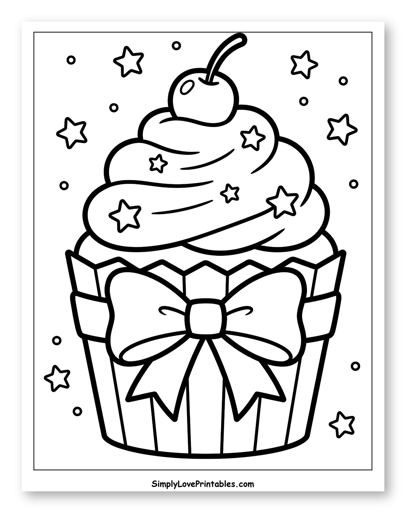 Fancy Cupcake with Cherry and Bow Coloring Sheet for Toddlers