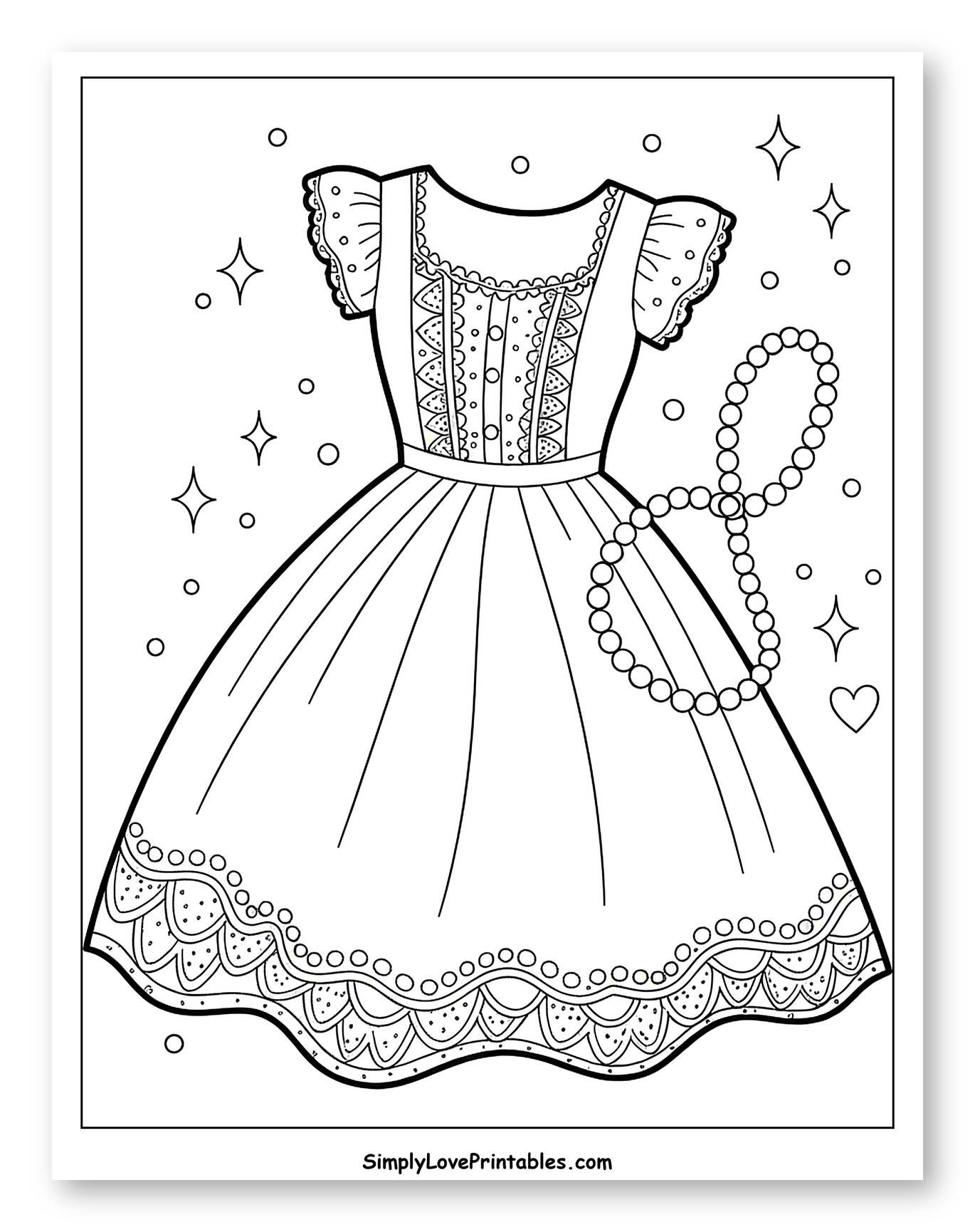 Fancy Dress with Pearls and Ruffles Coloring Sheet for Adults
