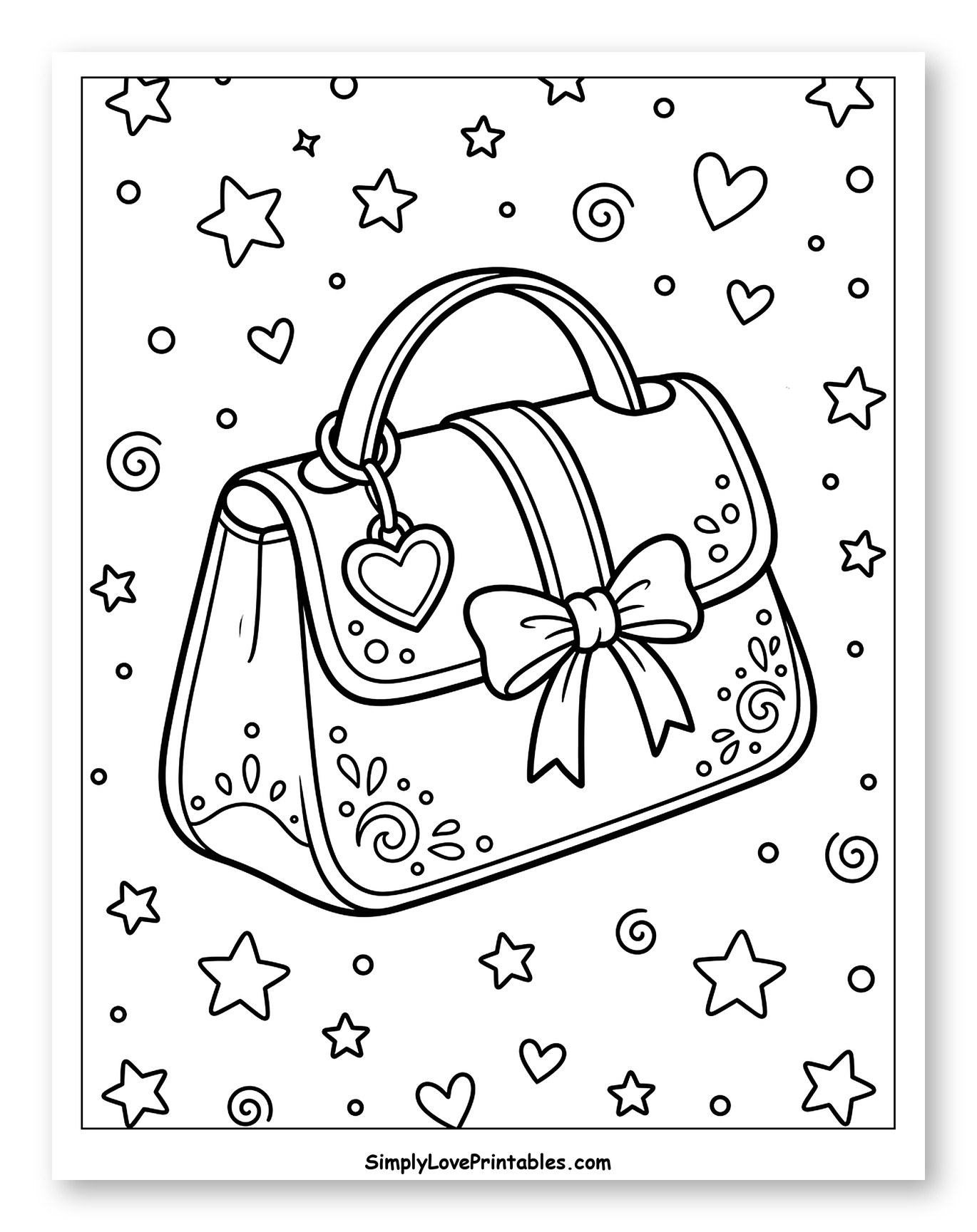 Fancy Handbag with Bow and Hearts to Color for Kids