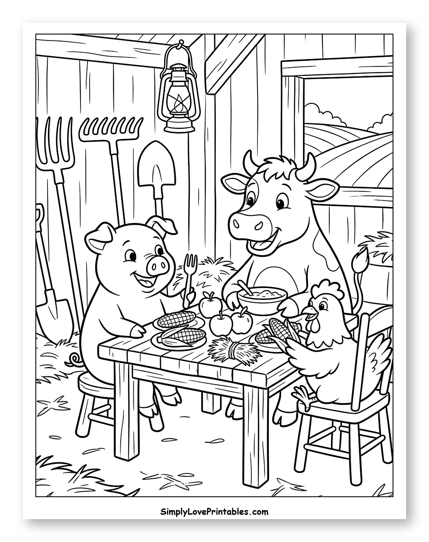 Farm Animals Enjoying a Meal Together Coloring Sheet for Kids