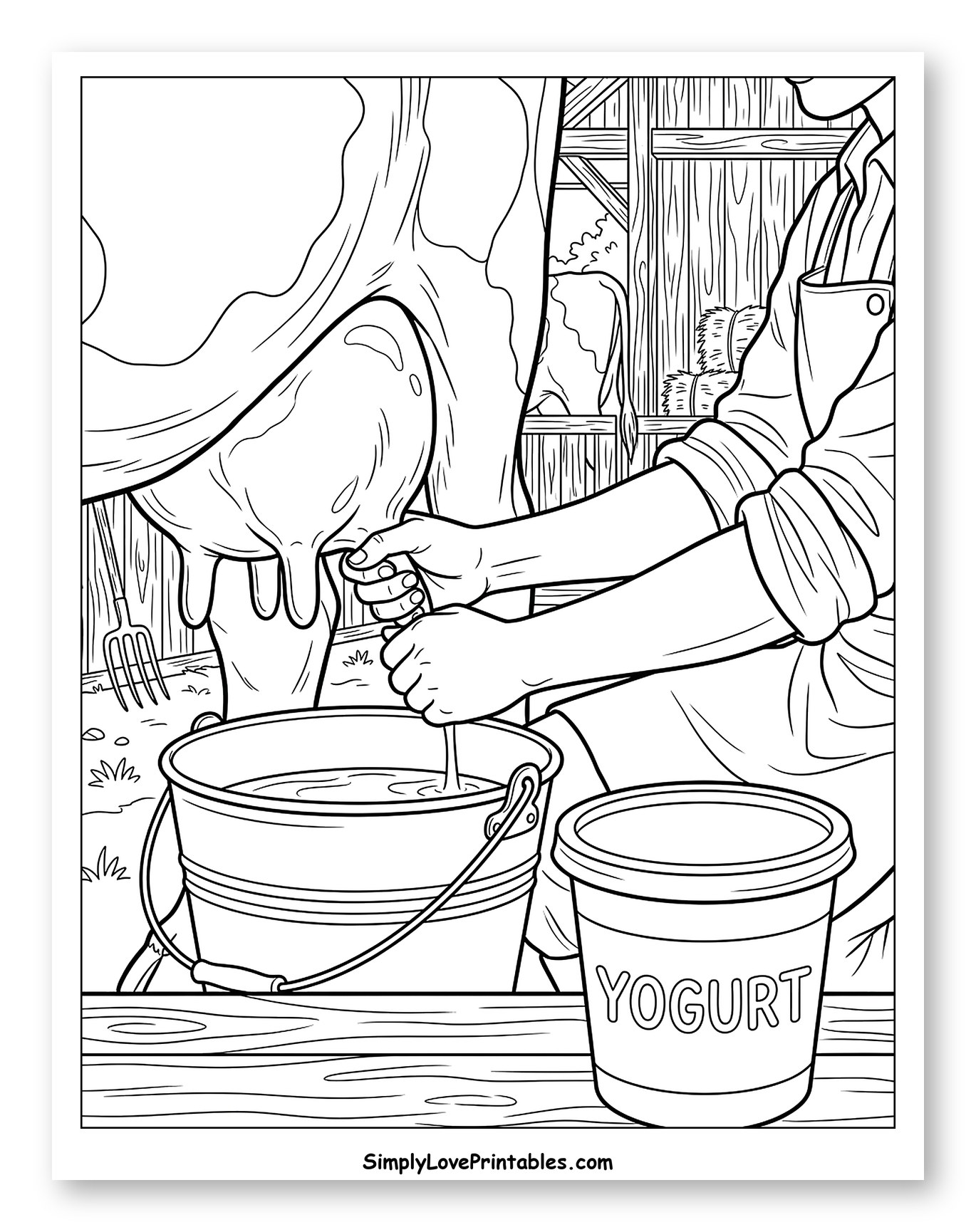 Farmer Milking a Cow with Yogurt Tub Coloring Sheet