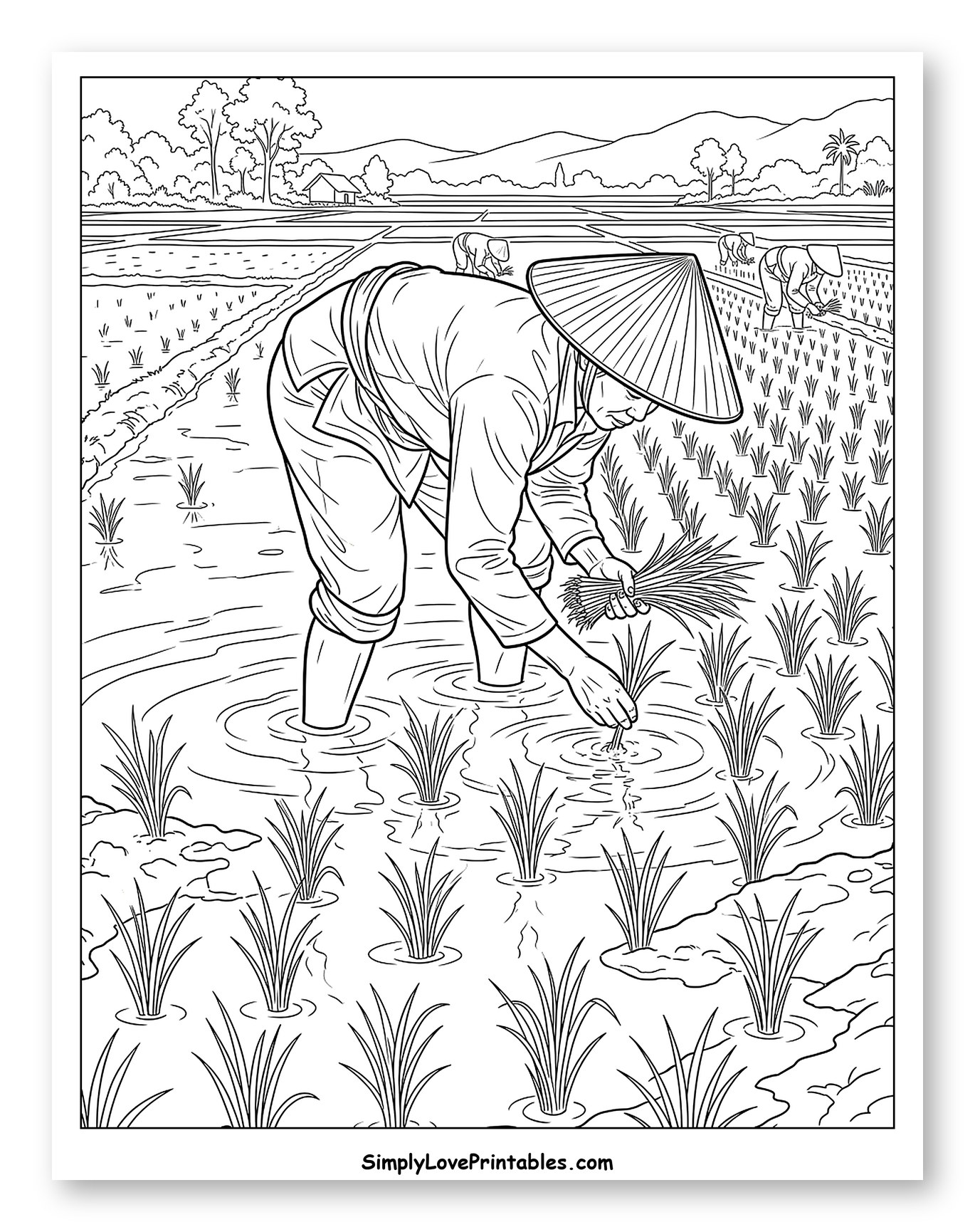 Farmer Planting Rice in a Paddy Field Coloring Page