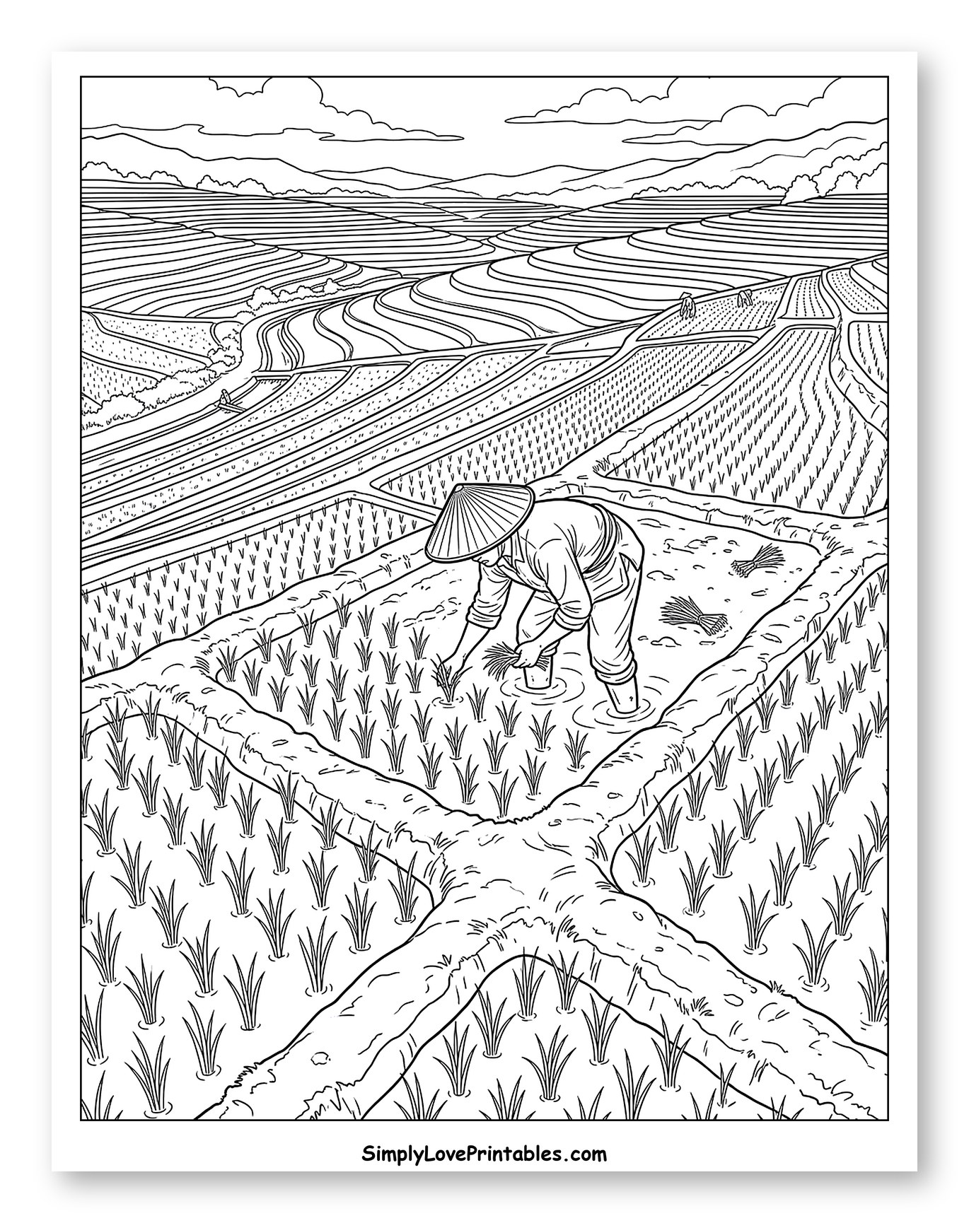 Farmer Planting Rice in Terraced Fields Coloring Page