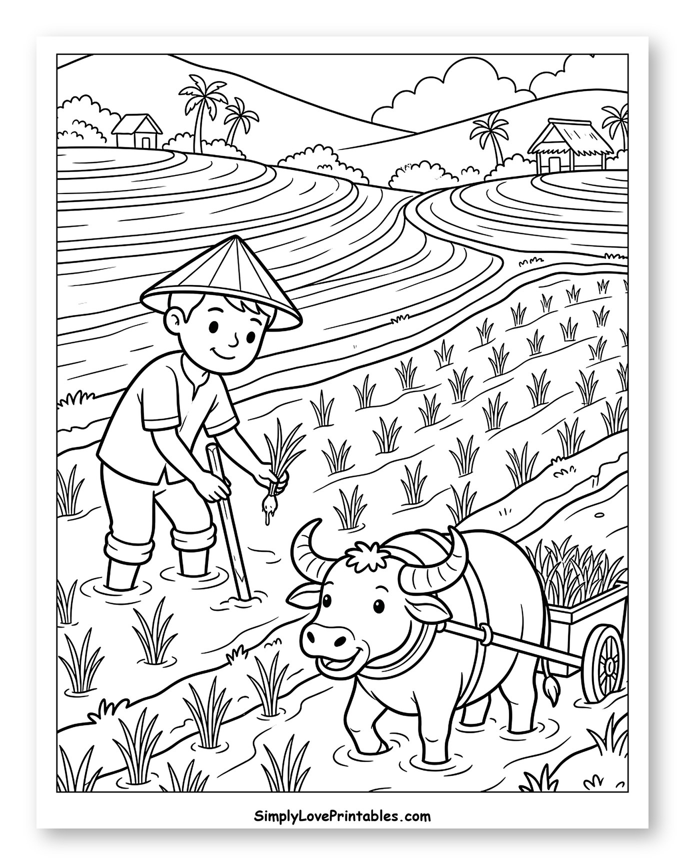 Farmer Planting Rice with Water Buffalo