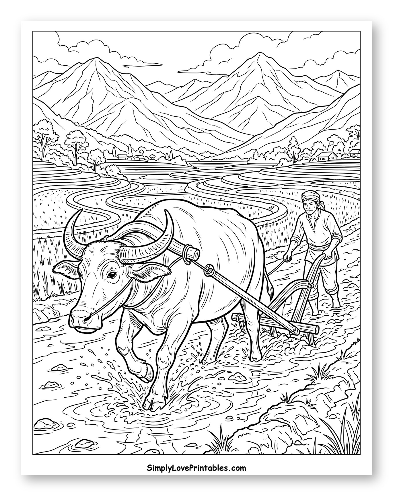 Farmer Plowing Rice Paddy with Water Buffalo Coloring Sheet