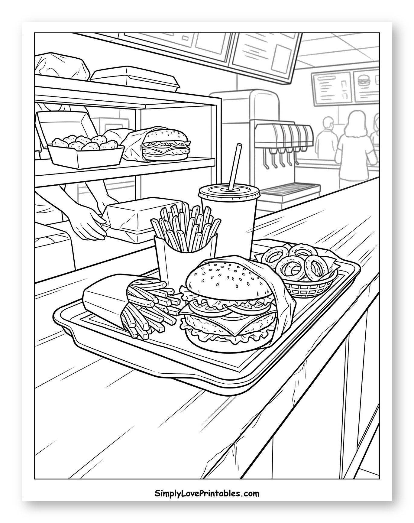 Fast Food Counter with Burger and Fries Coloring Page