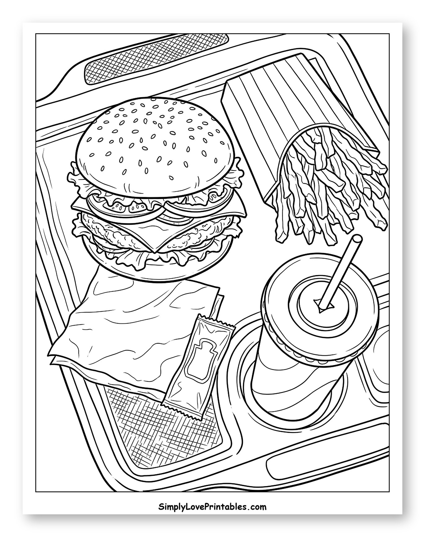 Fast Food Meal on a Tray Coloring Page