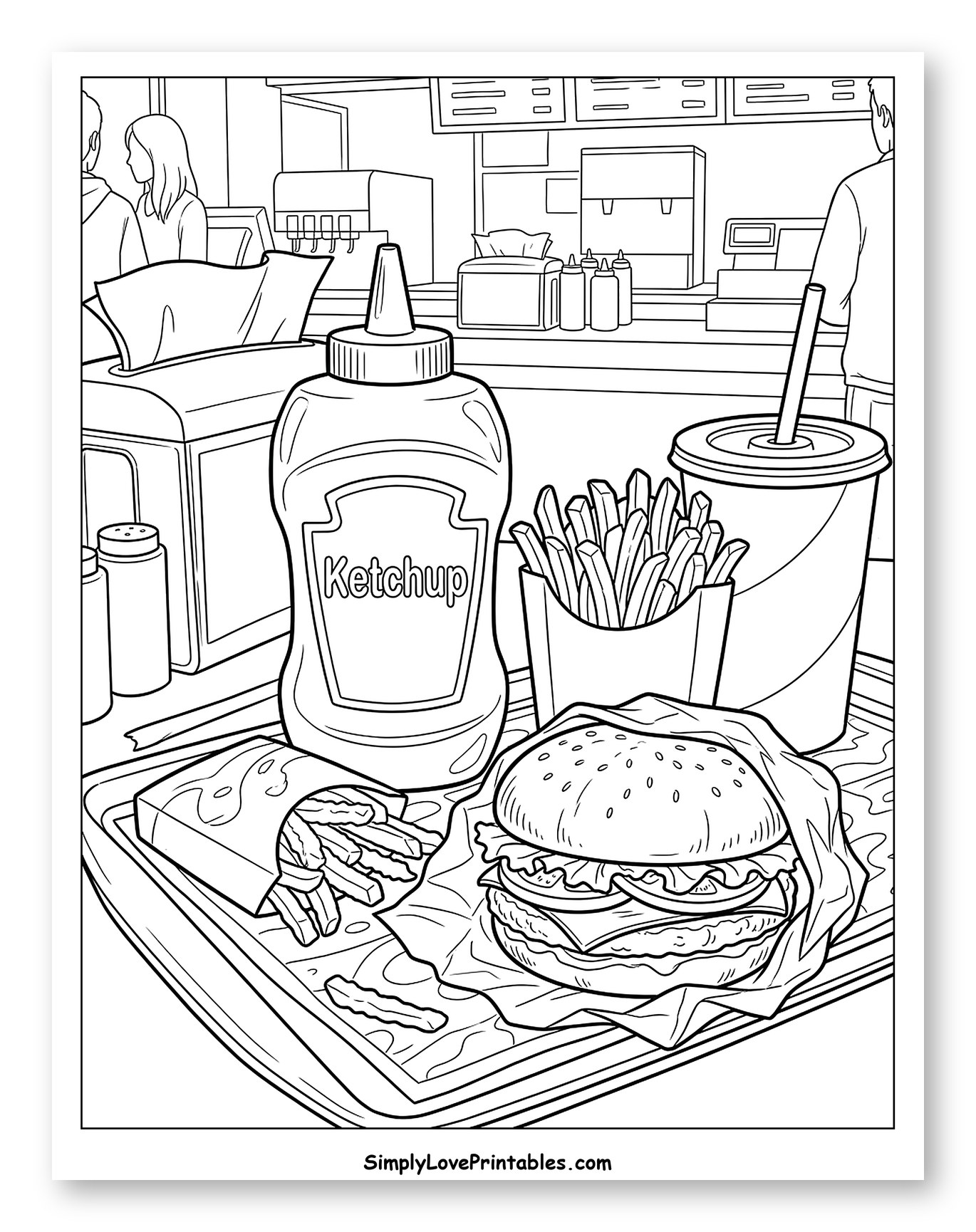 Fast Food Meal with Ketchup Bottle Coloring Sheet