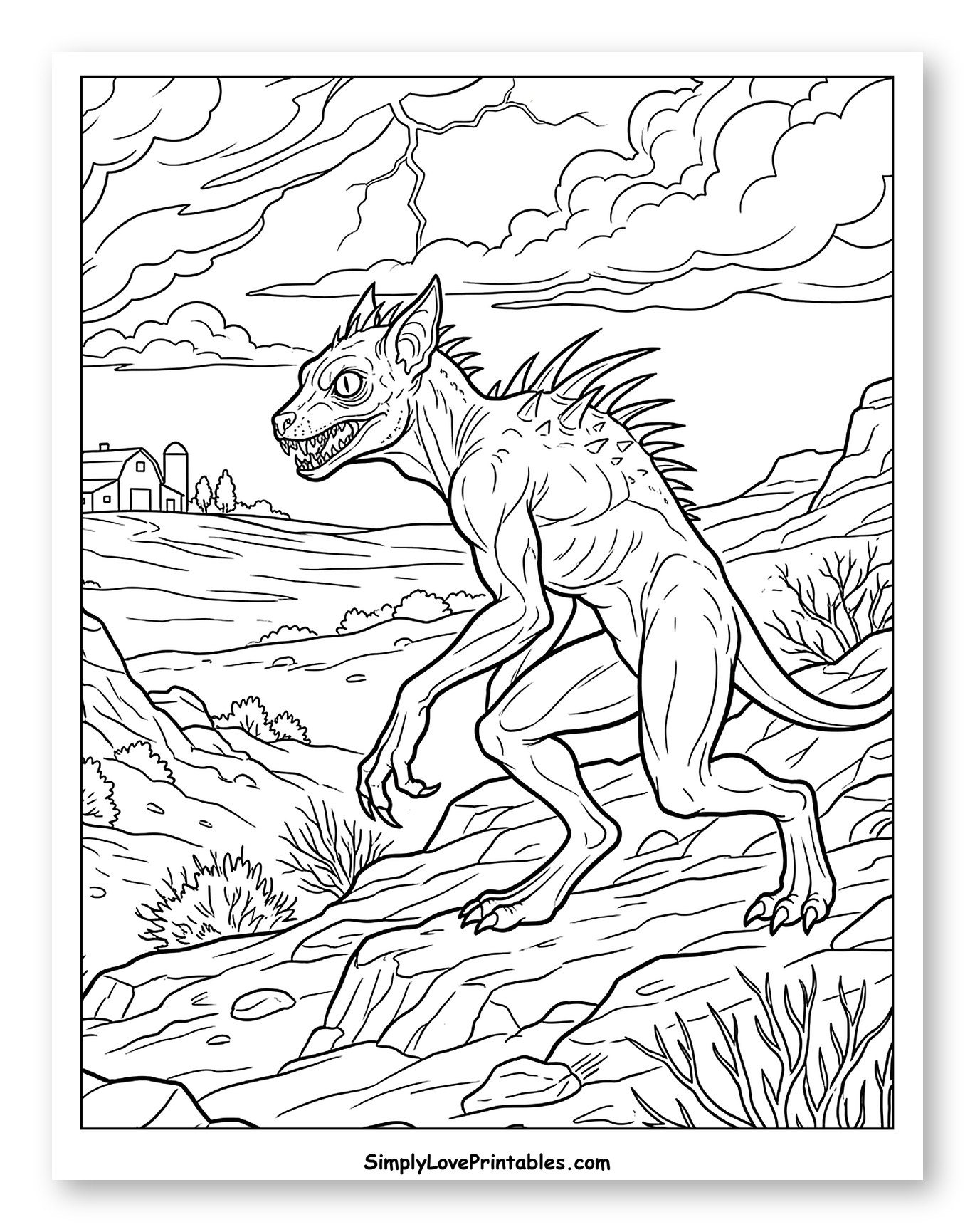 Fearsome Chupacabra in a Stormy Farm Landscape