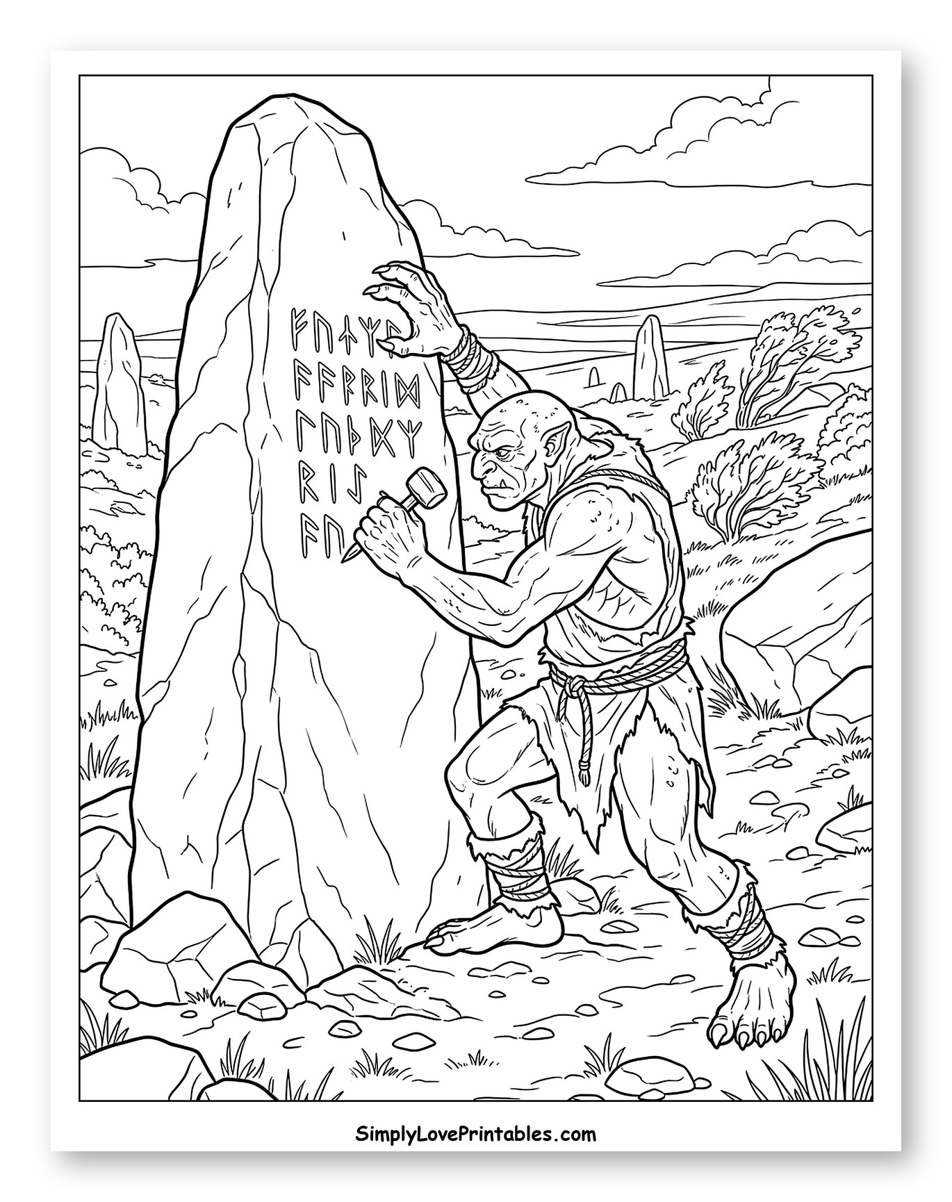 Fearsome Troll Carving Runes on a Monolith