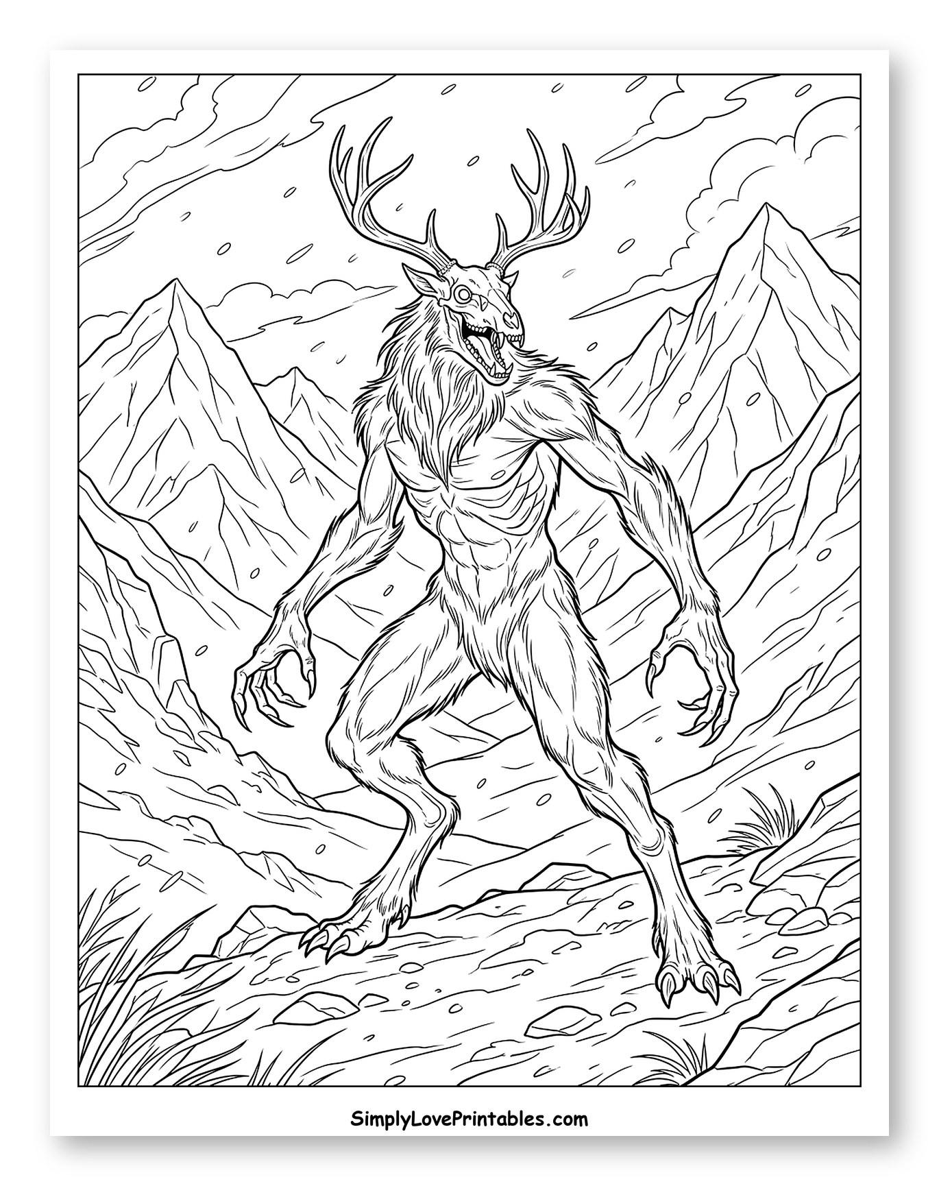 Fearsome Wendigo in Icy Mountain Range Coloring Sheet