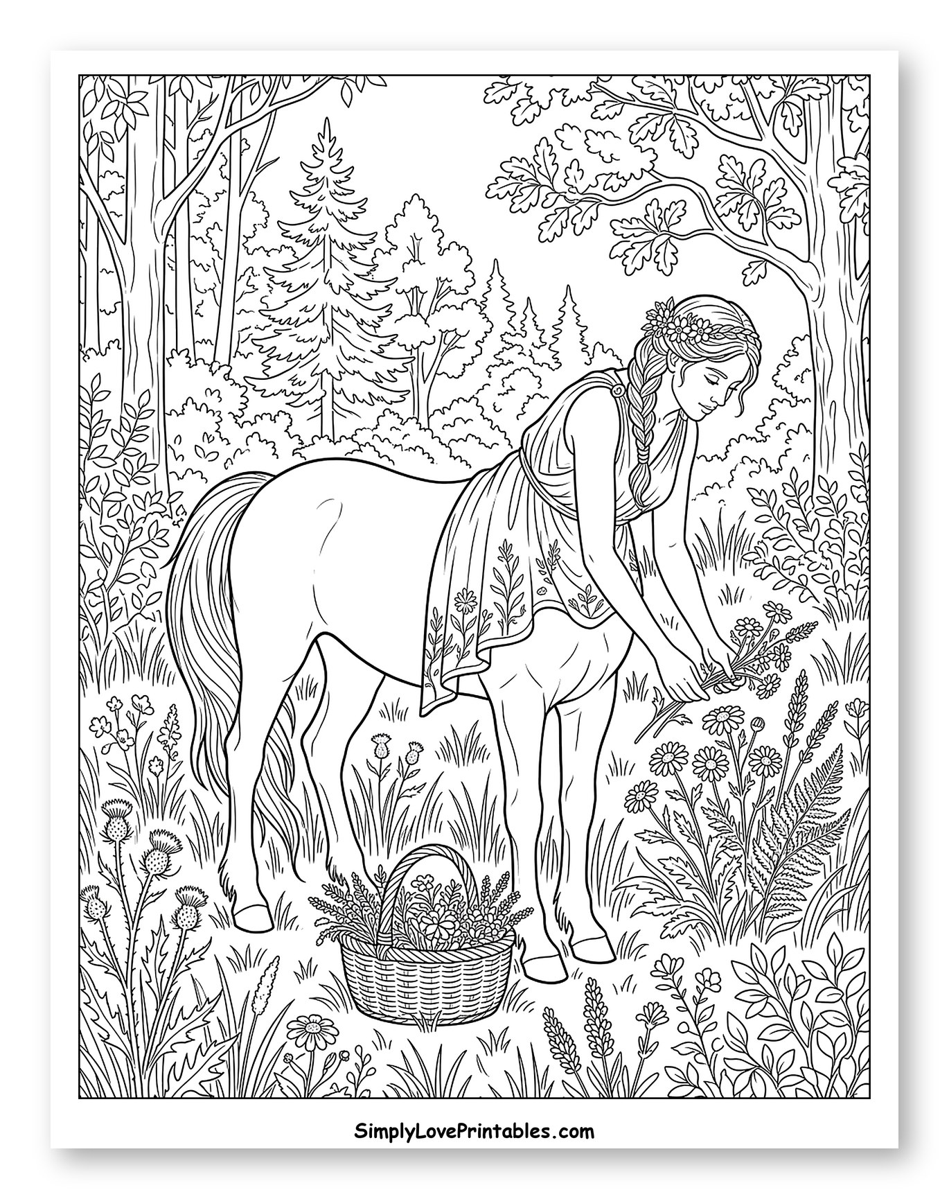 Female Centaur Picking Flowers in Forest to Color