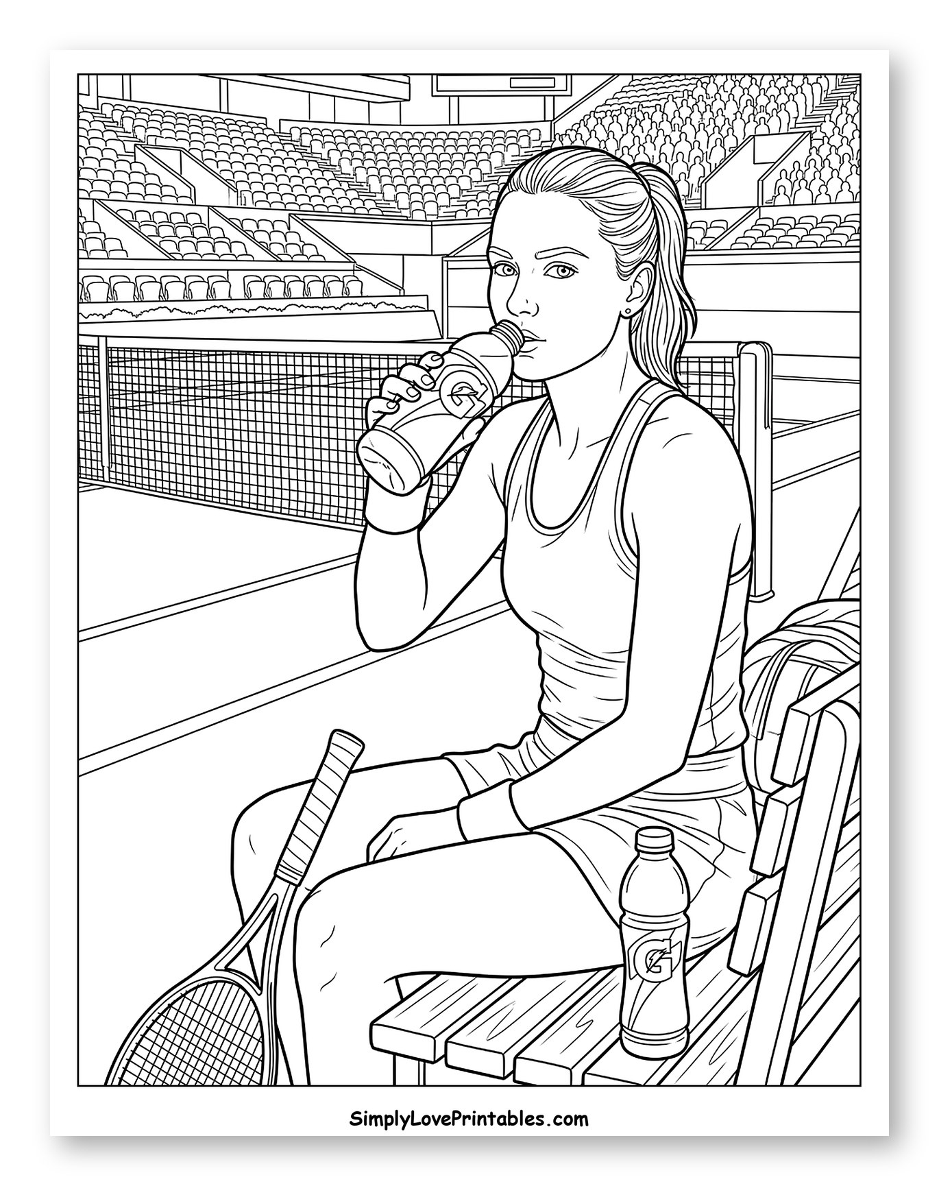 Female Tennis Player Resting and Drinking Gatorade Coloring Sheet
