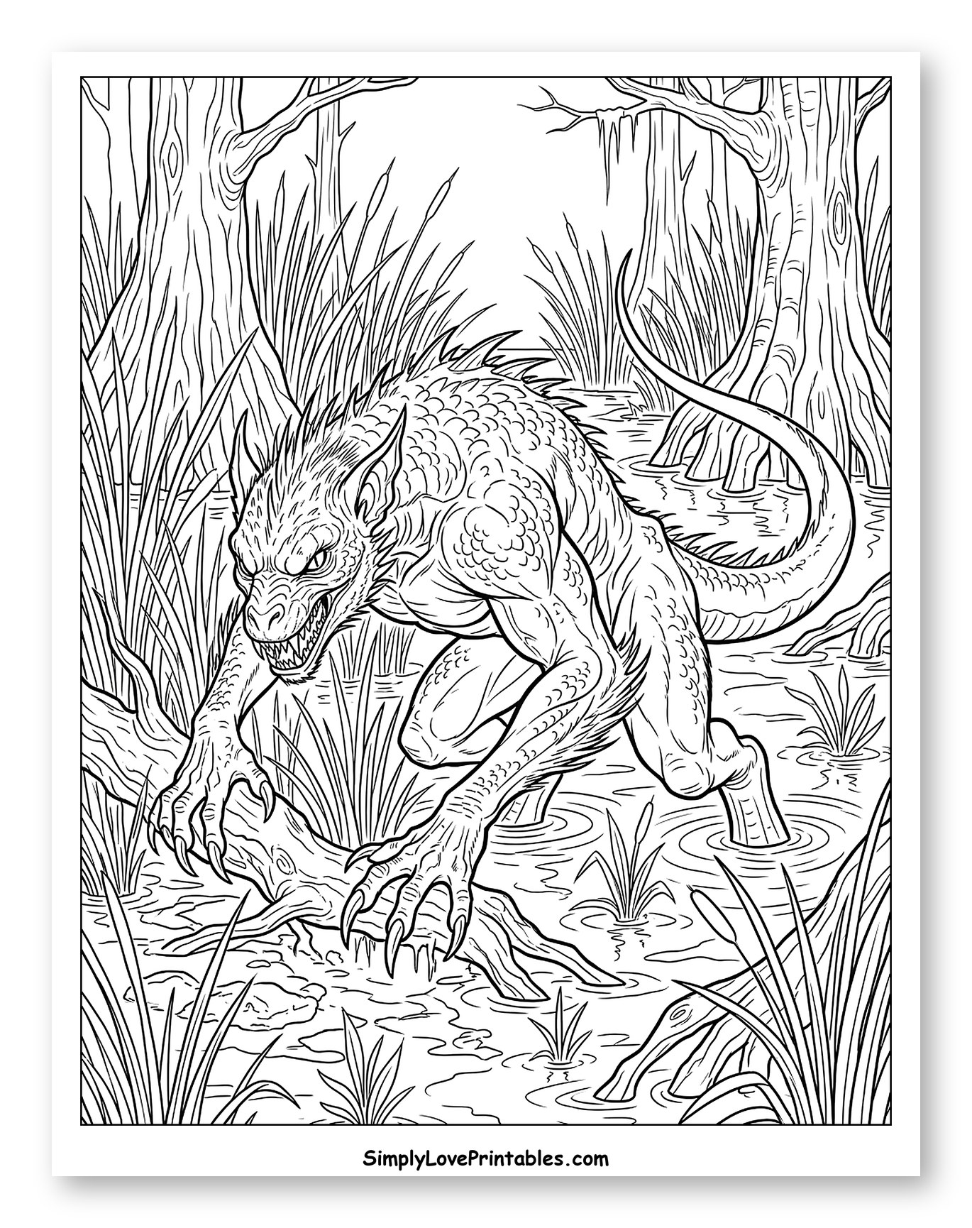 Ferocious Chupacabra in a Murky Swamp Coloring Page