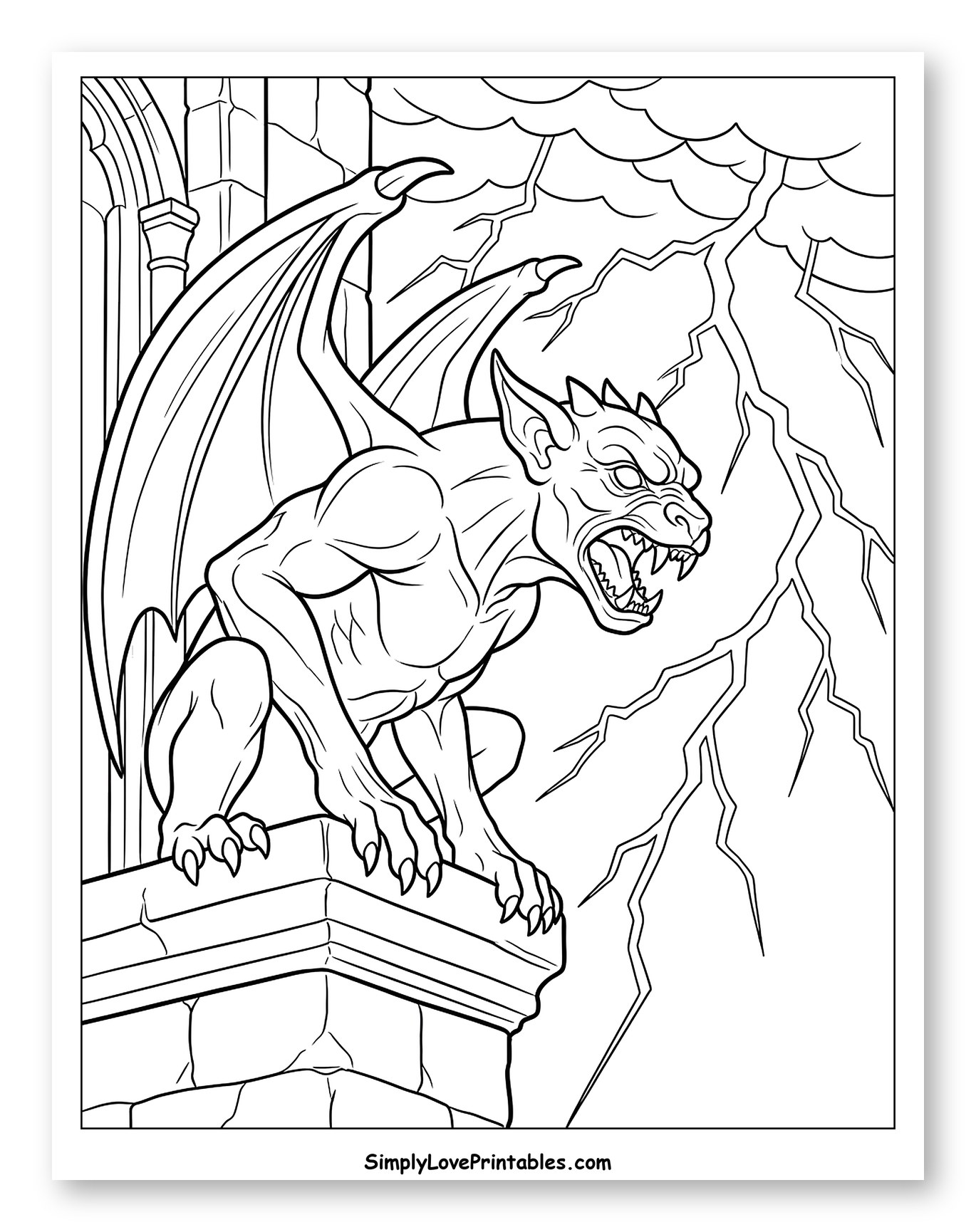 Ferocious Gargoyle on a Stone Building with Lightning to Color