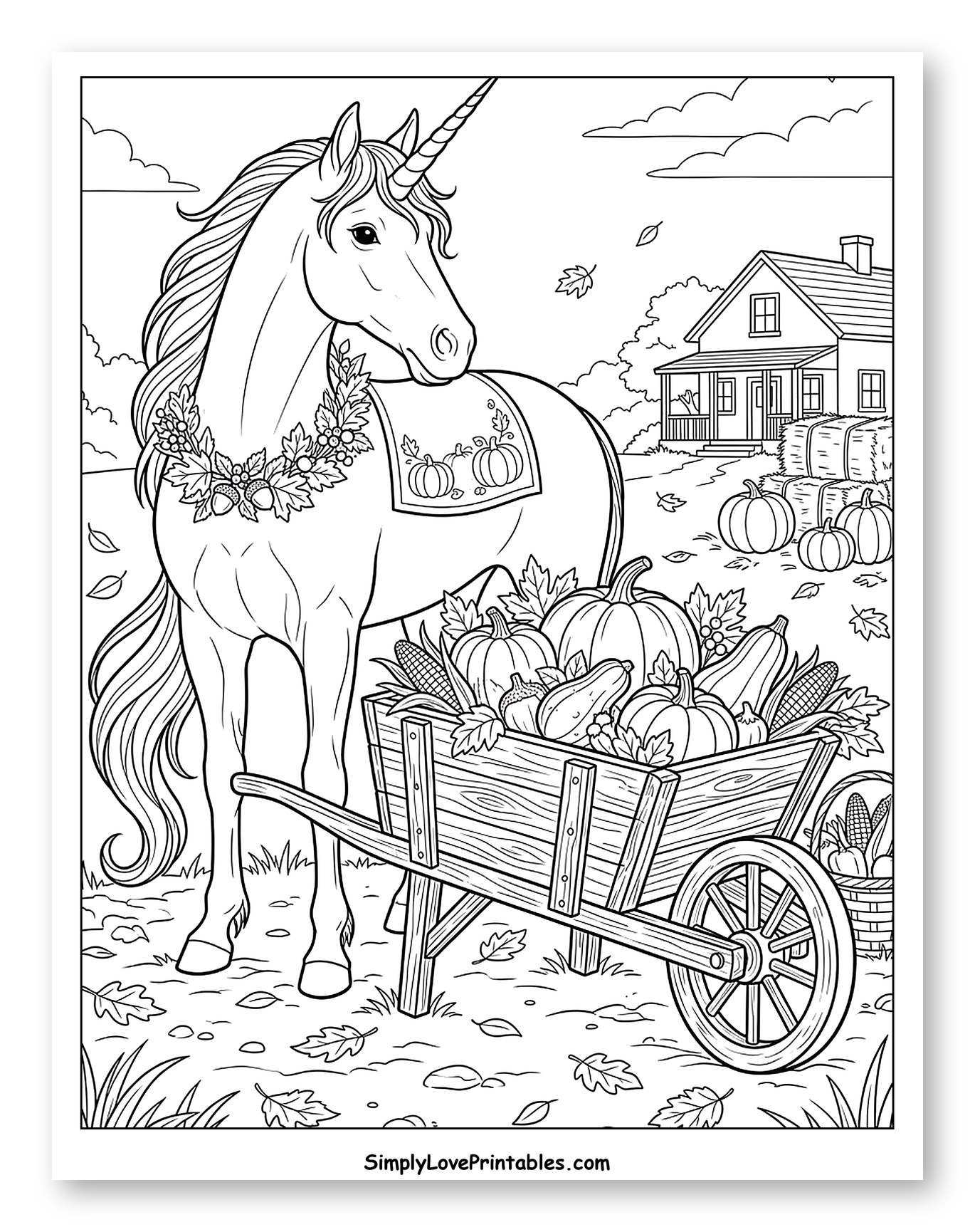 Festive Autumn Unicorn with Harvest Wheelbarrow