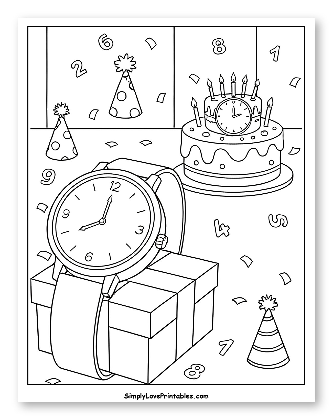 Festive Birthday Celebration with Gifts and Clocks Coloring Sheet for Kids