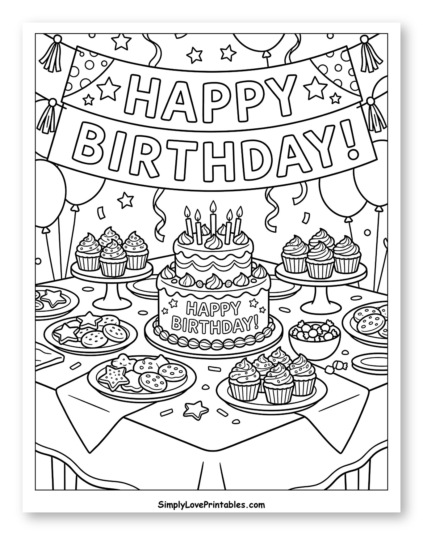 Festive Birthday Spread with Cake and Cookies Coloring Page for Kids