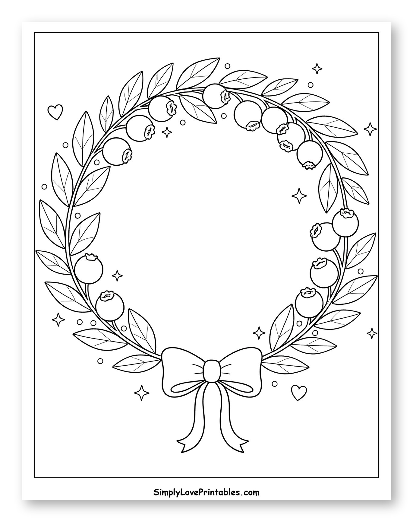 Festive Blueberry Wreath with a Bow to Color for Adults