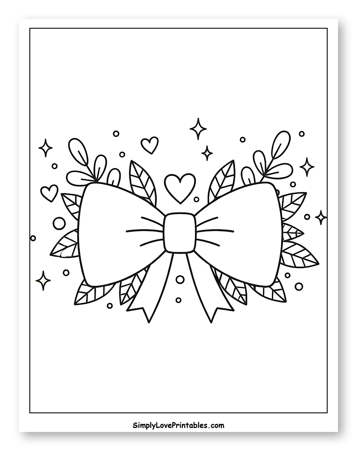 Festive Bow with Hearts and Sparkles Coloring Page for Adults