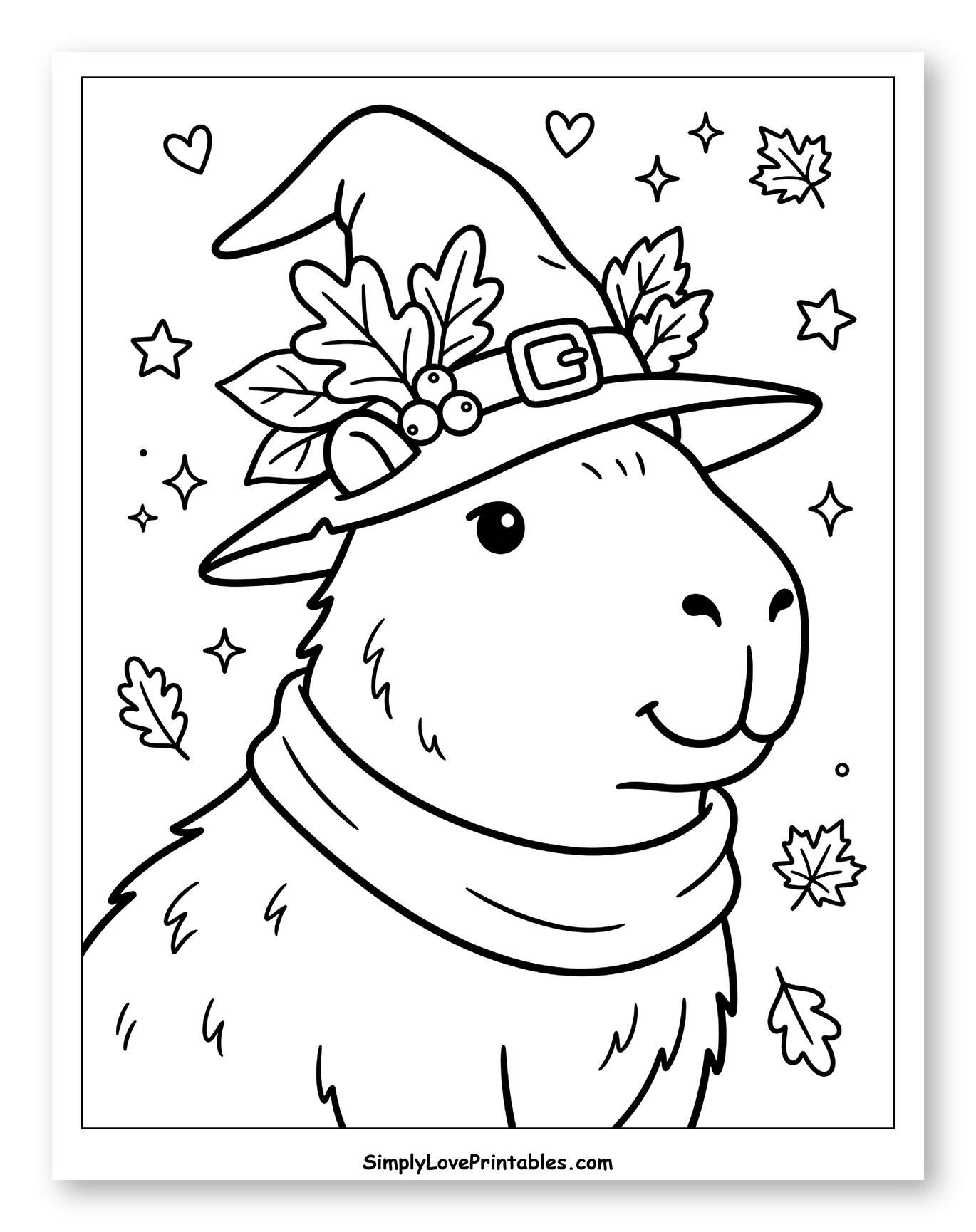 Festive Capybara with Witch Hat and Scarf Coloring Sheet for Adults