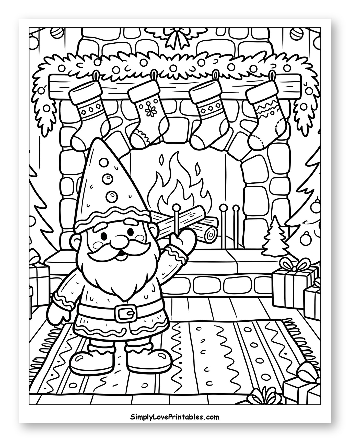 Festive Christmas Gnome by a Cozy Fireplace Coloring Sheet for Kids